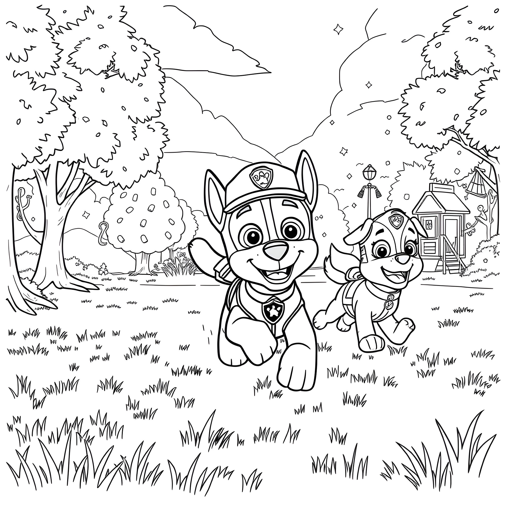 Chase through the Paw Patrol park Coloring Page (free black-and-white line drawing printable PDF for all, from beginners to advanced learners, including children, teens, adults, and seniors)