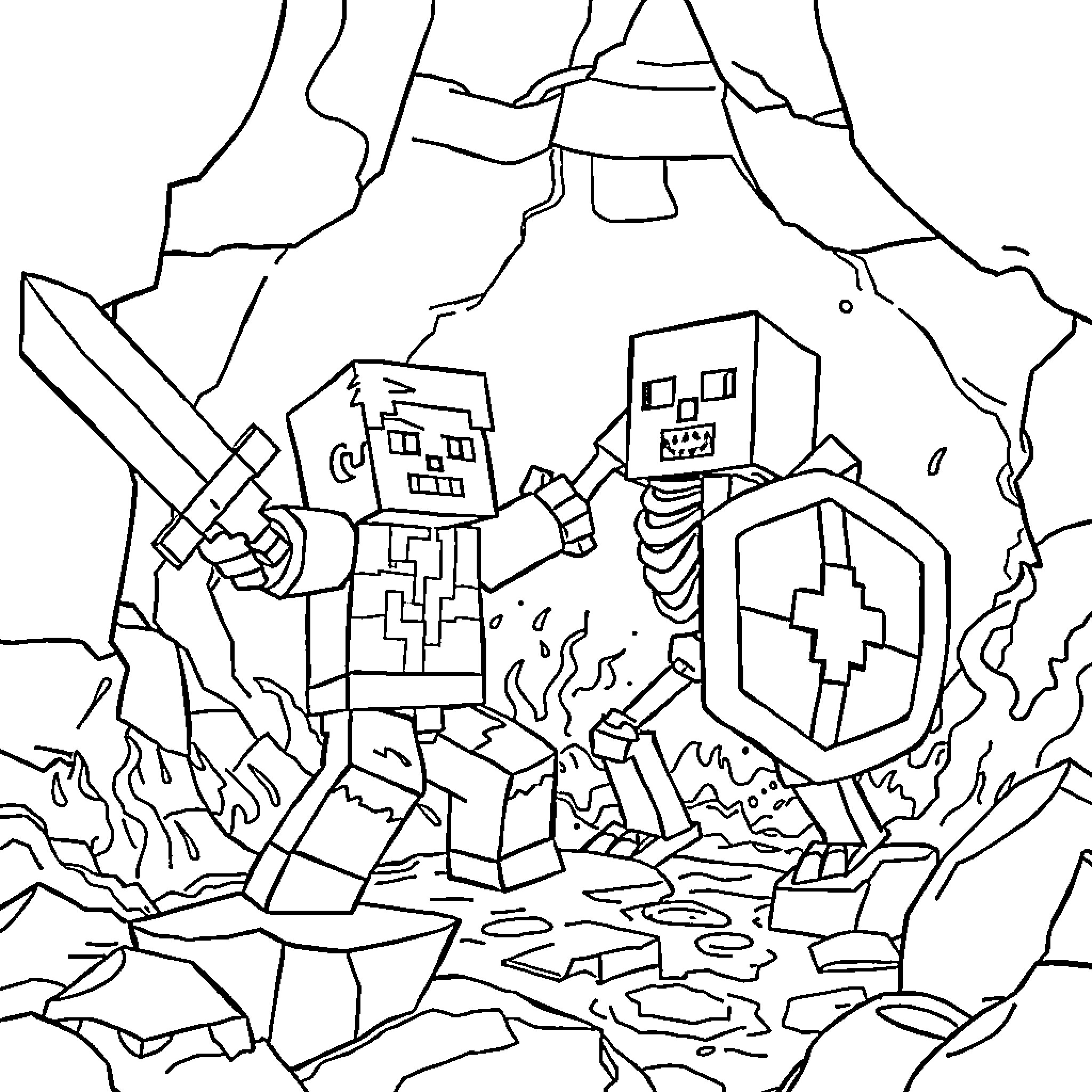 Steve's Heroic Battle in the Blocky Realm Coloring Page (free black-and-white line drawing printable PDF for all, from beginners to advanced learners, including children, teens, adults, and seniors)