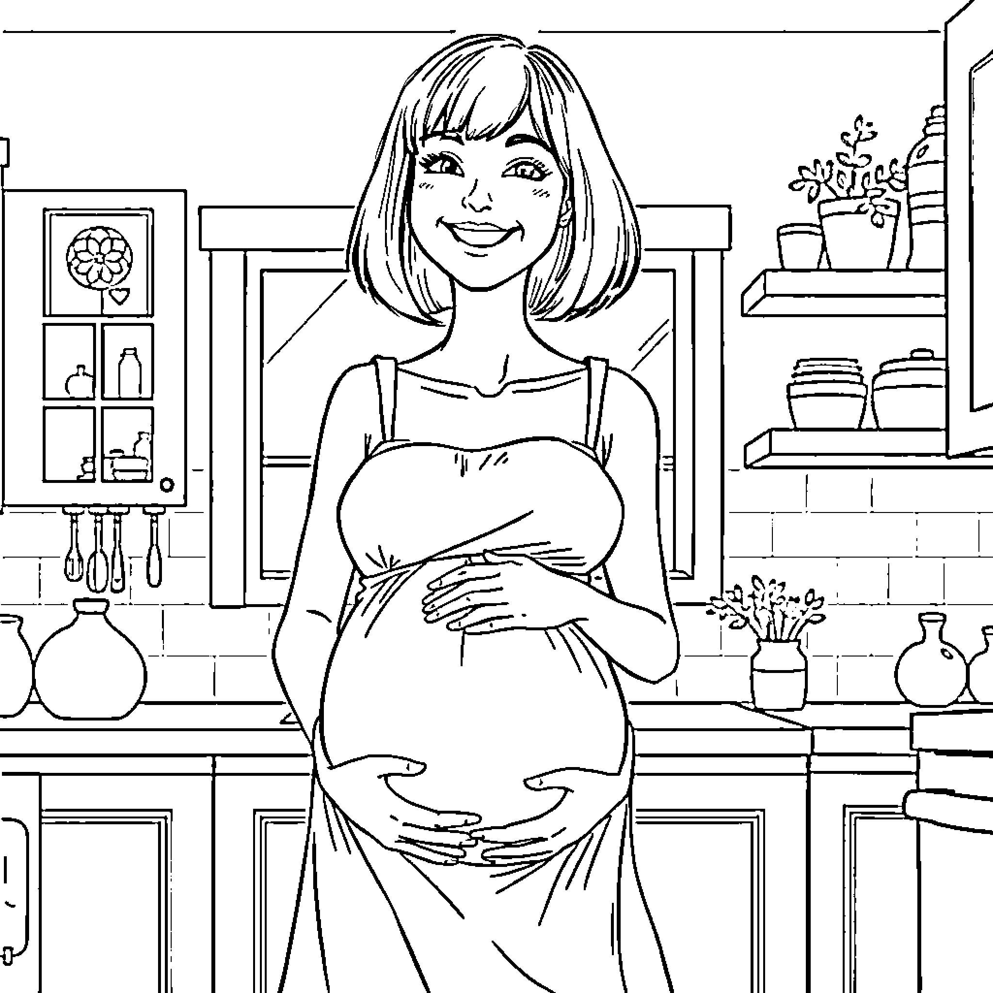 Woman enjoying pregnancy in kitchen Coloring Page (free black-and-white line drawing printable PDF for all, from beginners to advanced learners, including children, teens, adults, and seniors)