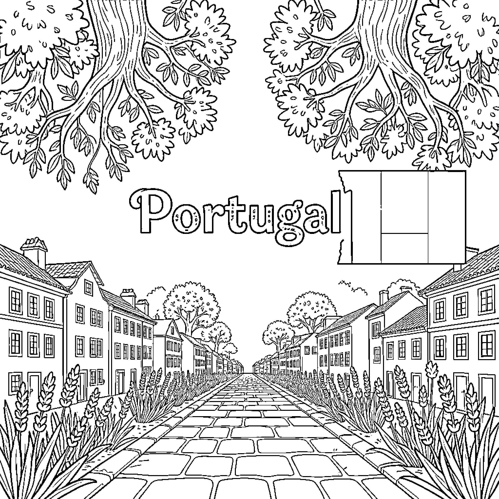 Portugal street scene with houses and trees Coloring Page (free black-and-white line drawing printable PDF for all, from beginners to advanced learners, including children, teens, adults, and seniors)