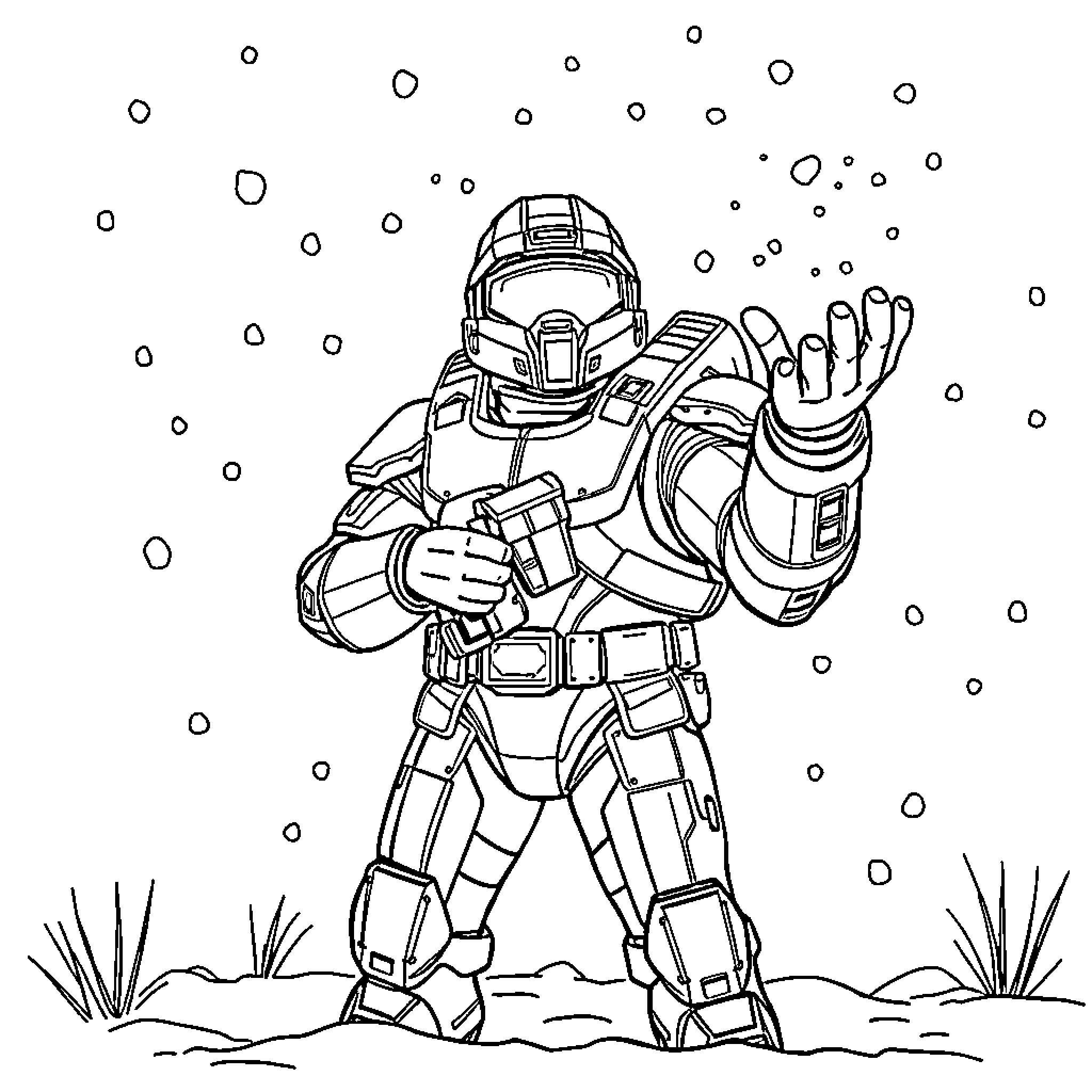 Master Chief waving through the snowy landscape Coloring Page (free black-and-white line drawing printable PDF for all, from beginners to advanced learners, including children, teens, adults, and seniors)