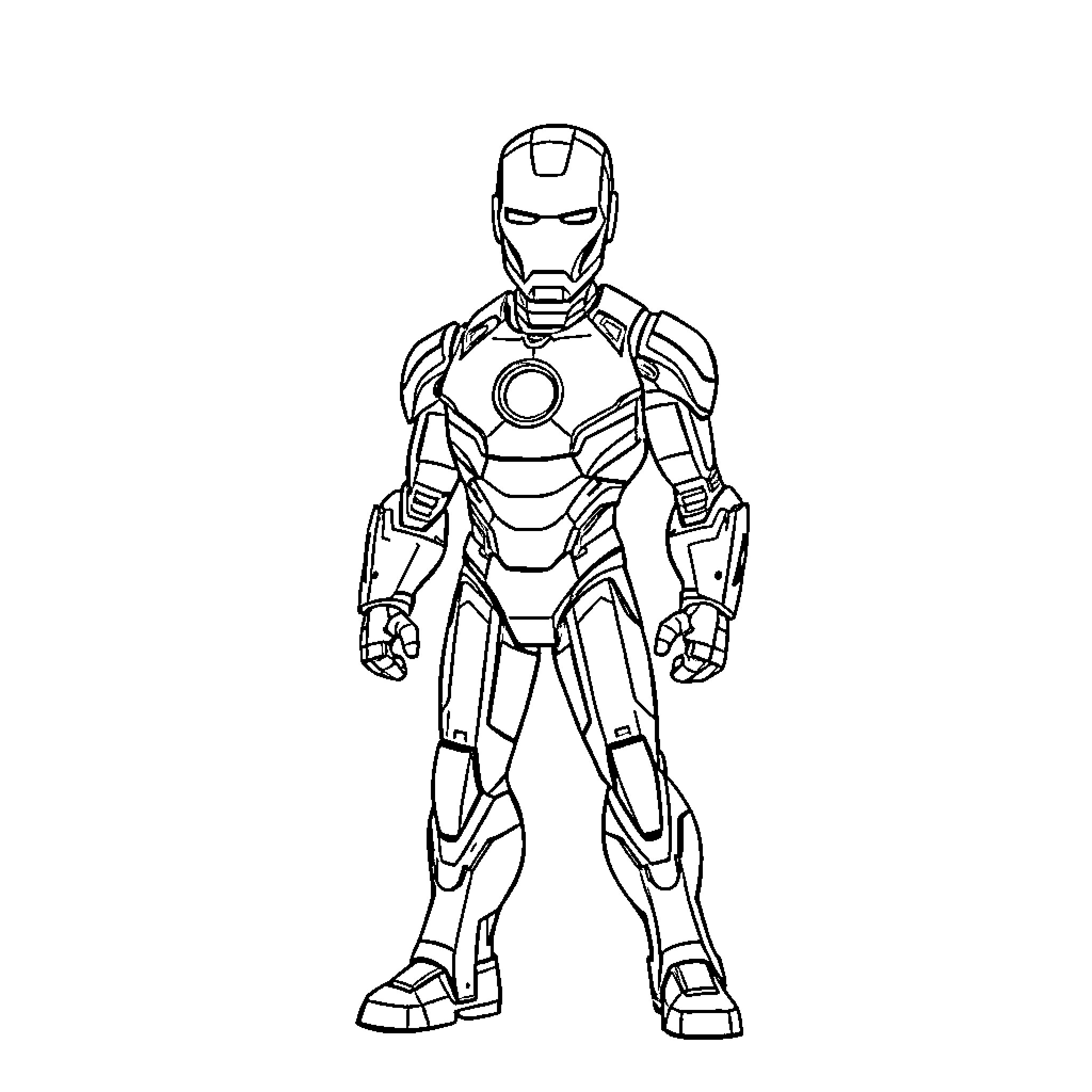 Ironman suit in battle-ready stance Coloring Page (free black-and-white line drawing printable PDF for all, from beginners to advanced learners, including children, teens, adults, and seniors)