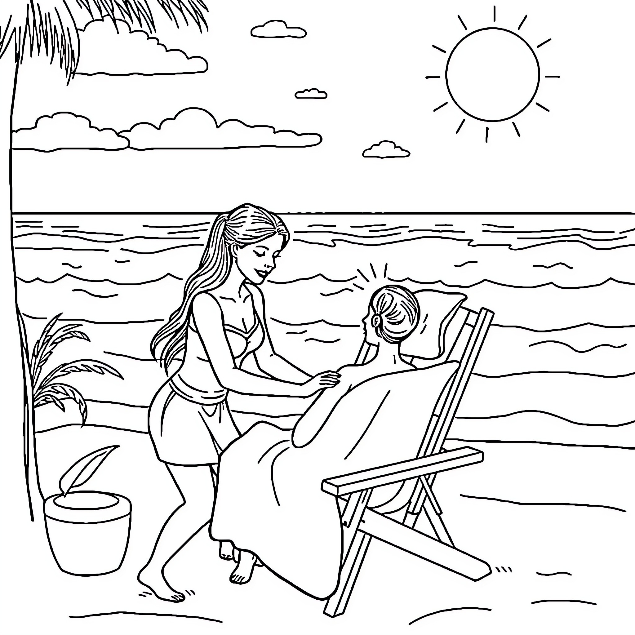 Woman relaxing at the beach with a friend Coloring Page (free black-and-white line drawing printable PDF for all, from beginners to advanced learners, including children, teens, adults, and seniors)