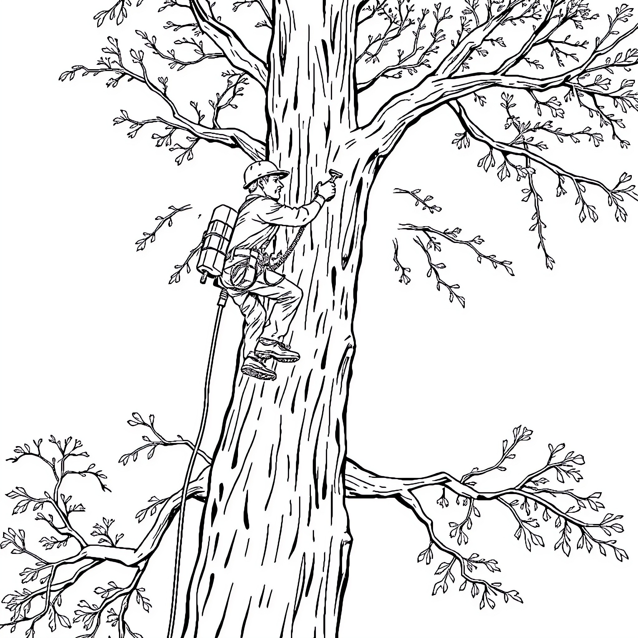 Arborist pruning tree branches with care Coloring Page (free black-and-white line drawing printable PDF for all, from beginners to advanced learners, including children, teens, adults, and seniors)
