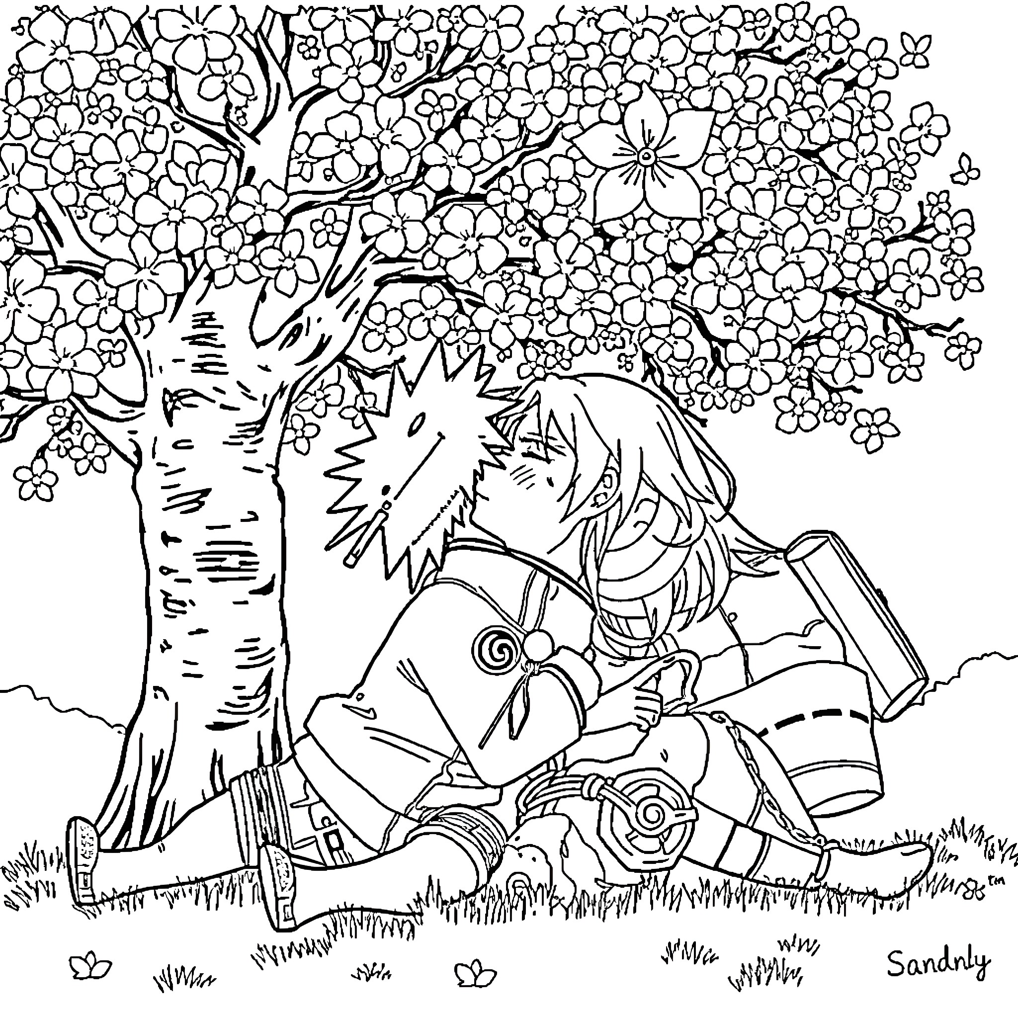 Naruto resting under blooming sakura tree Coloring Page (free black-and-white line drawing printable PDF for all, from beginners to advanced learners, including children, teens, adults, and seniors)