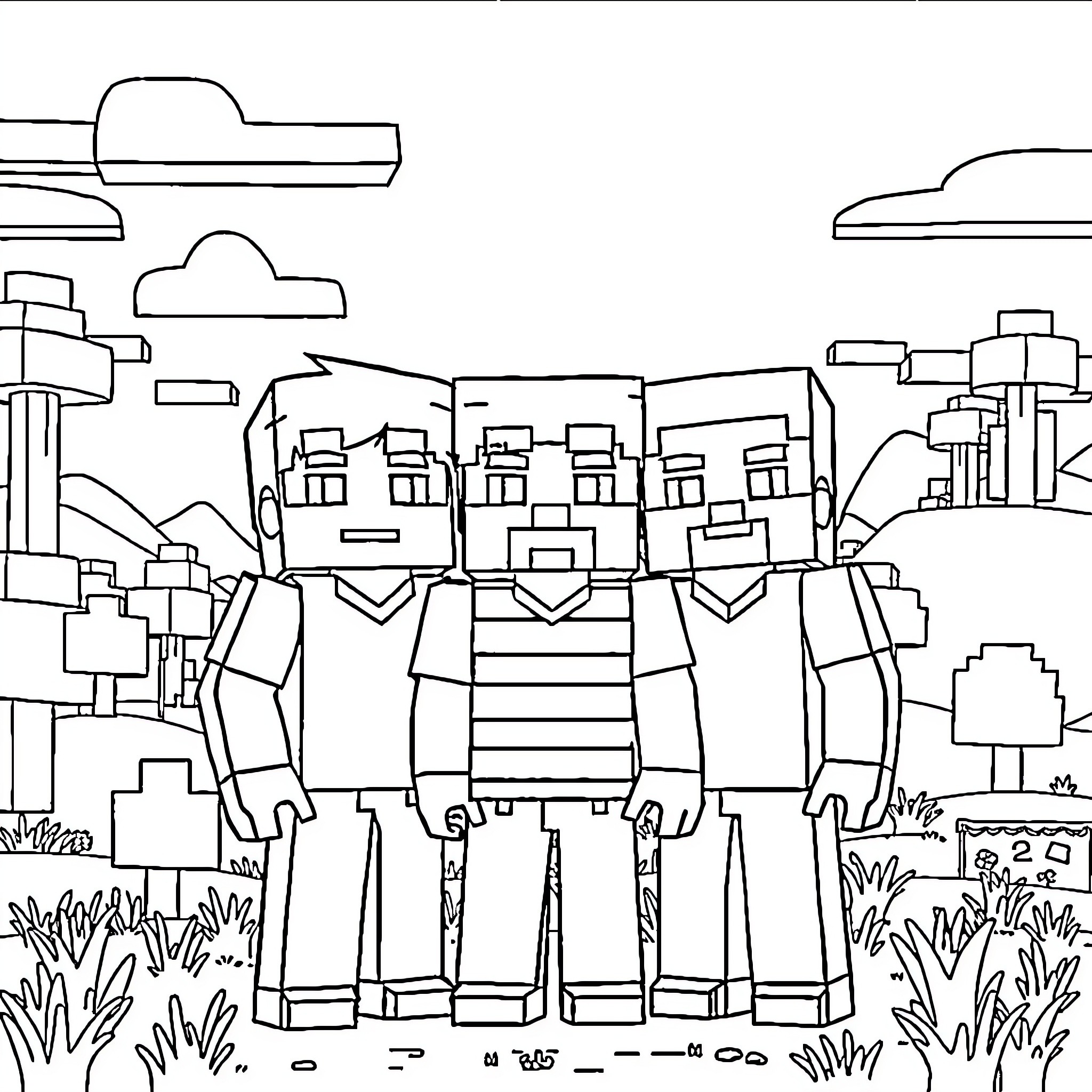 Minecraft Brothers Exploring the Blocky Landscape Coloring Page (free black-and-white line drawing printable PDF for all, from beginners to advanced learners, including children, teens, adults, and seniors)