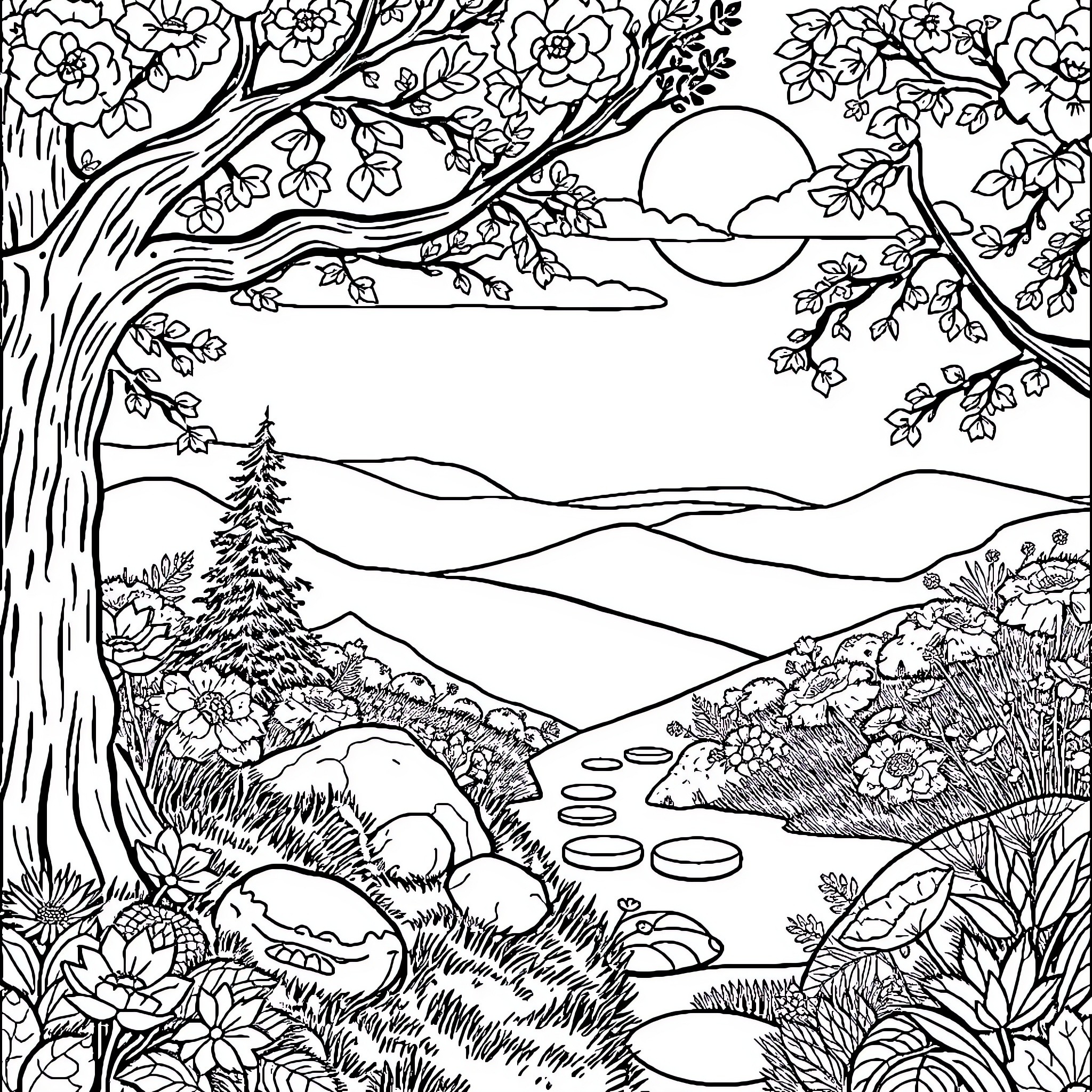 Stress Relief Through Nature's Serenity Coloring Page (free black-and-white line drawing printable PDF for all, from beginners to advanced learners, including children, teens, adults, and seniors)