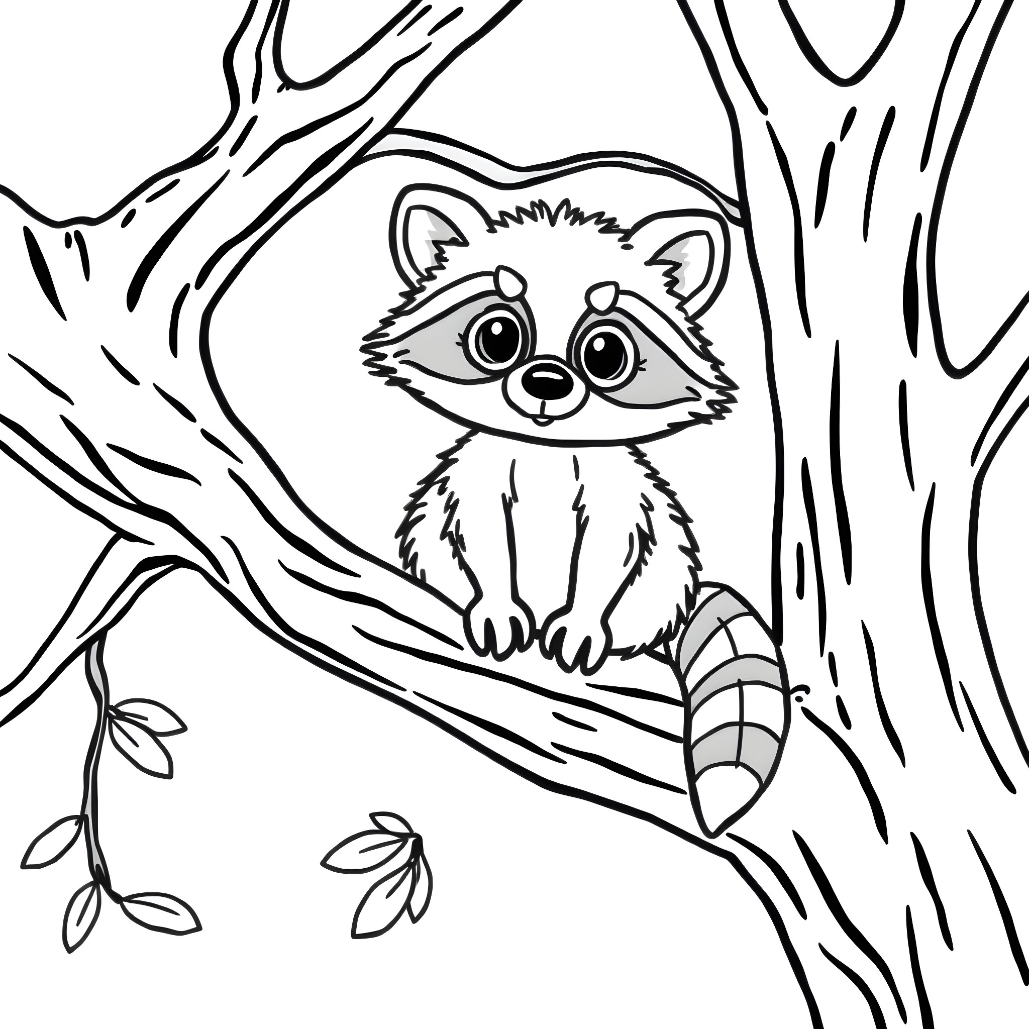Raccoon peeking curiously from a tree branch Coloring Page (free black-and-white line drawing printable PDF for all, from beginners to advanced learners, including children, teens, adults, and seniors)