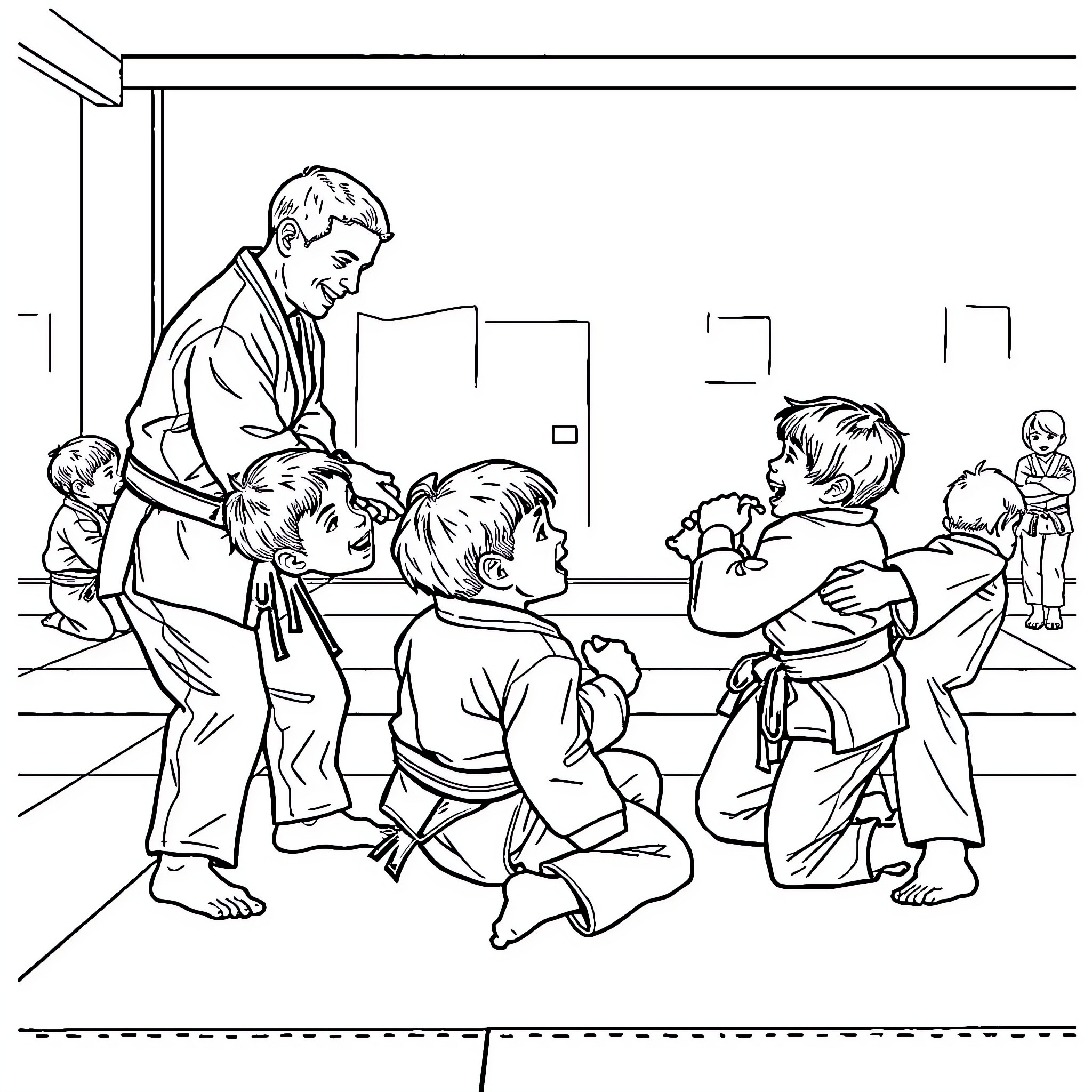 Child practicing martial arts with instructor in class Coloring Page (free black-and-white line drawing printable PDF for all, from beginners to advanced learners, including children, teens, adults, and seniors)