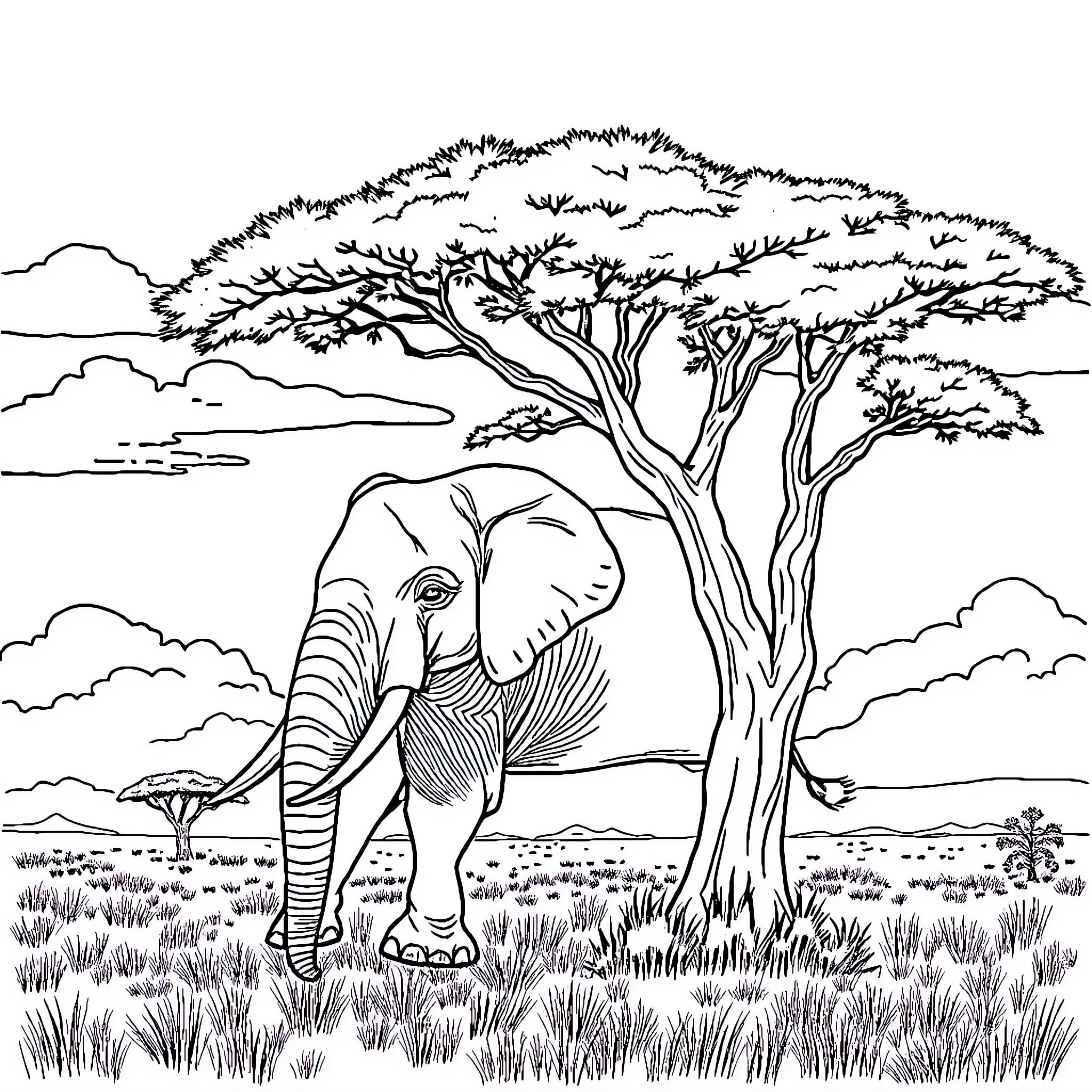 Elephant standing under a large tree in the wild Coloring Page (free black-and-white line drawing printable PDF for all, from beginners to advanced learners, including children, teens, adults, and seniors)