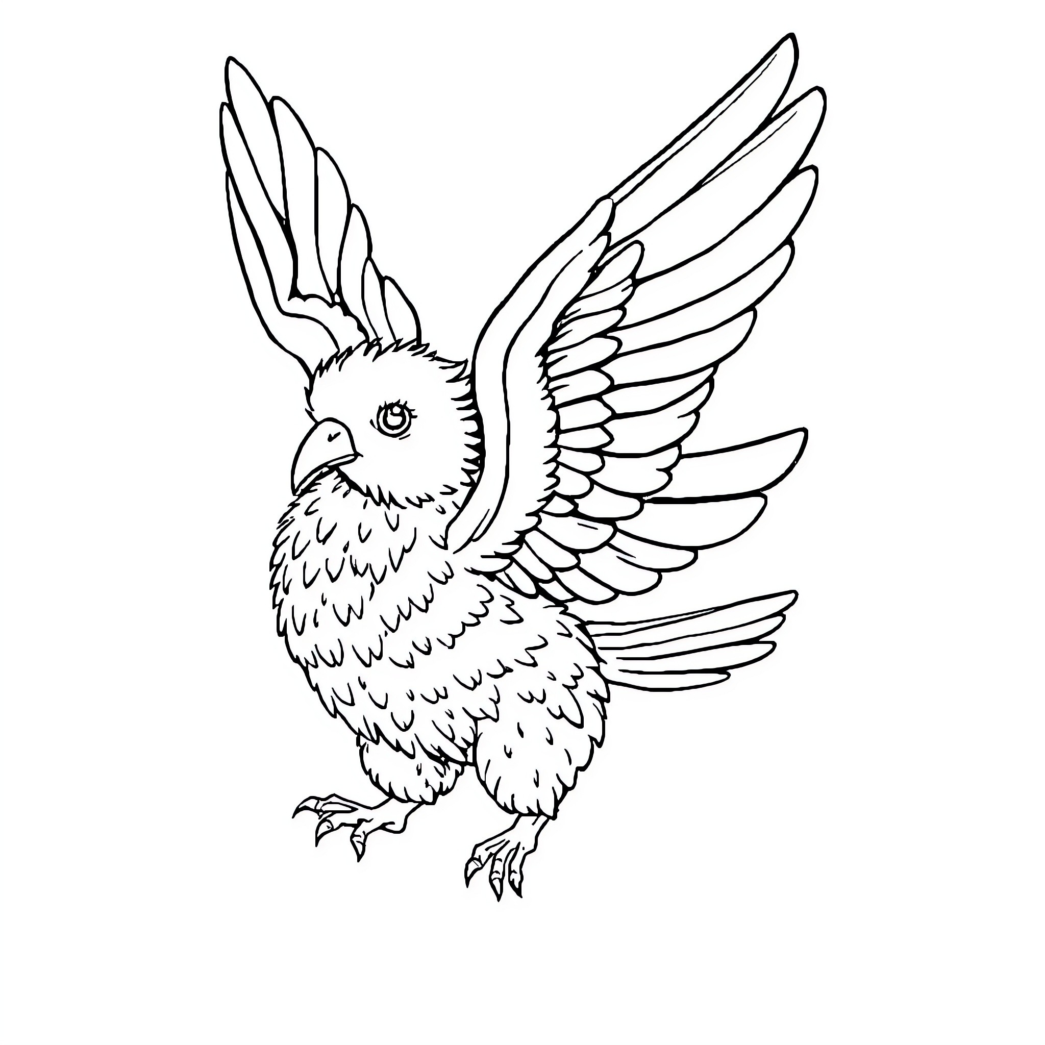 Bulldog-like bird with outstretched wings Coloring Page (free black-and-white line drawing printable PDF for all, from beginners to advanced learners, including children, teens, adults, and seniors)