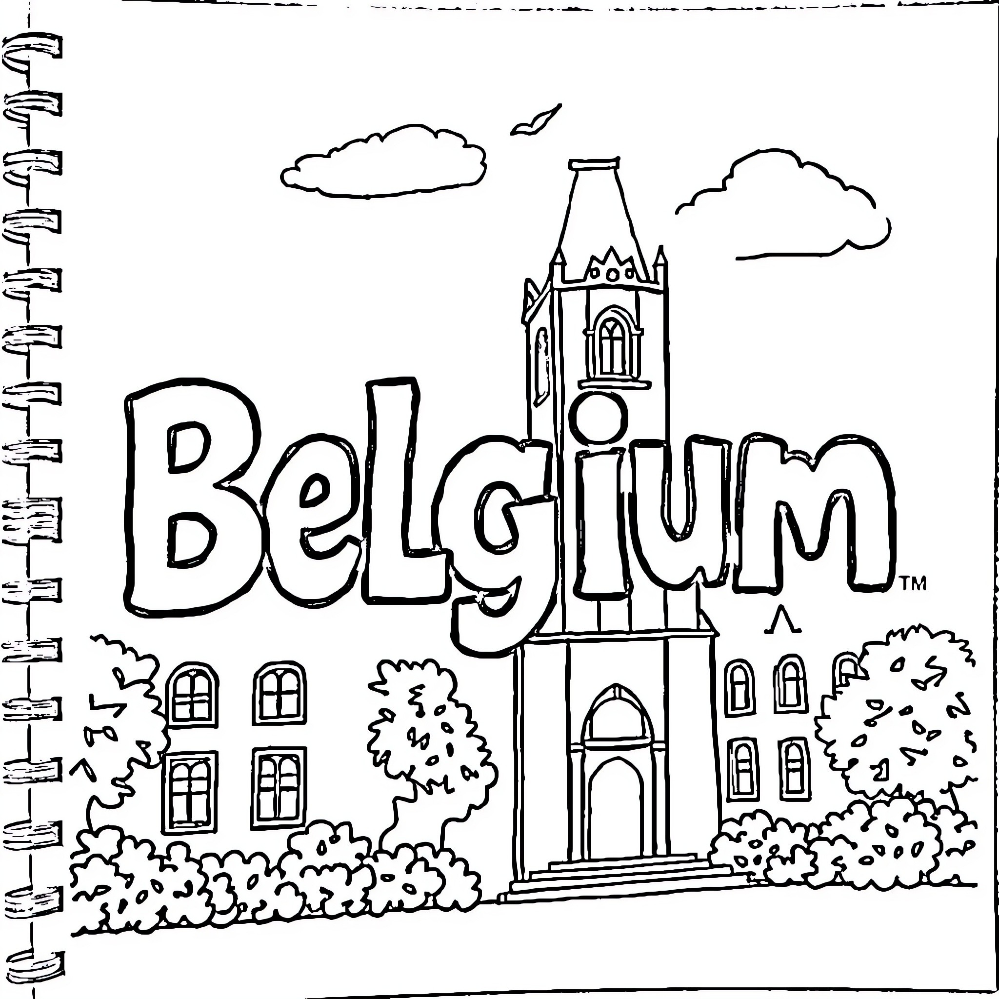 Belgium historic buildings and landmarks Coloring Page (free black-and-white line drawing printable PDF for all, from beginners to advanced learners, including children, teens, adults, and seniors)