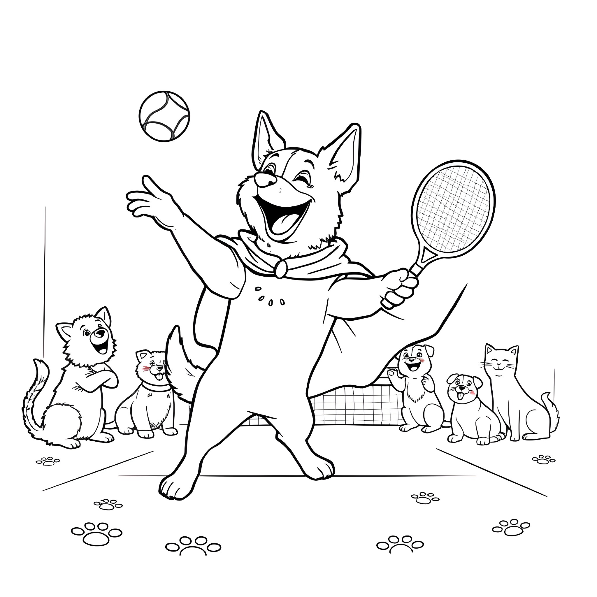 Dogman Playing Tennis with Cats Coloring Page (free black-and-white line drawing printable PDF for all, from beginners to advanced learners, including children, teens, adults, and seniors)