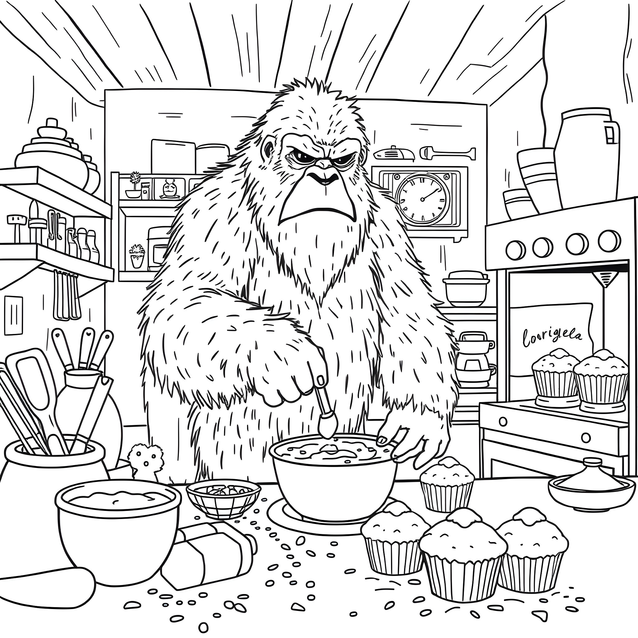 Bigfoot baking tasty treats in the kitchen Coloring Page (free black-and-white line drawing printable PDF for all, from beginners to advanced learners, including children, teens, adults, and seniors)