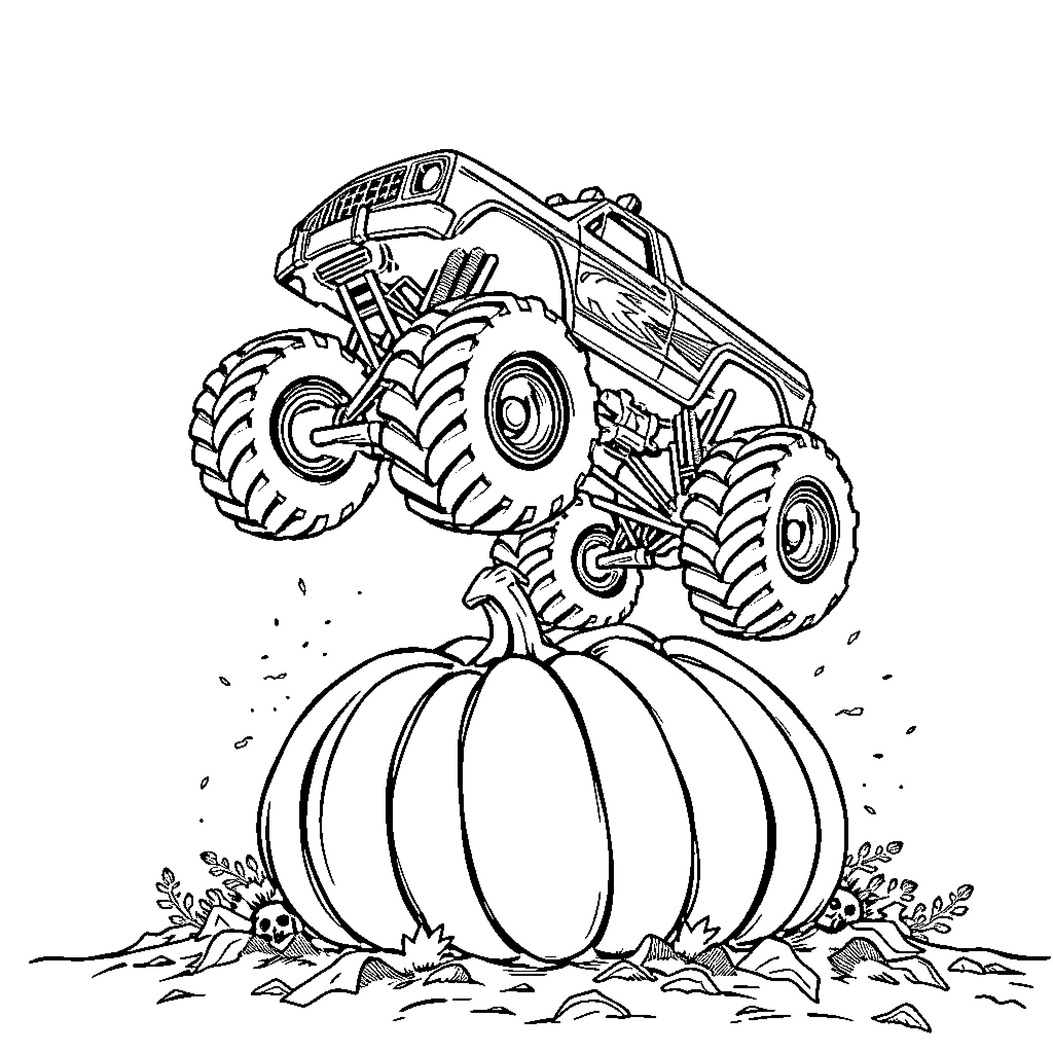 Monster Truck crushing pumpkin in autumn scene Coloring Page (free black-and-white line drawing printable PDF for all, from beginners to advanced learners, including children, teens, adults, and seniors)