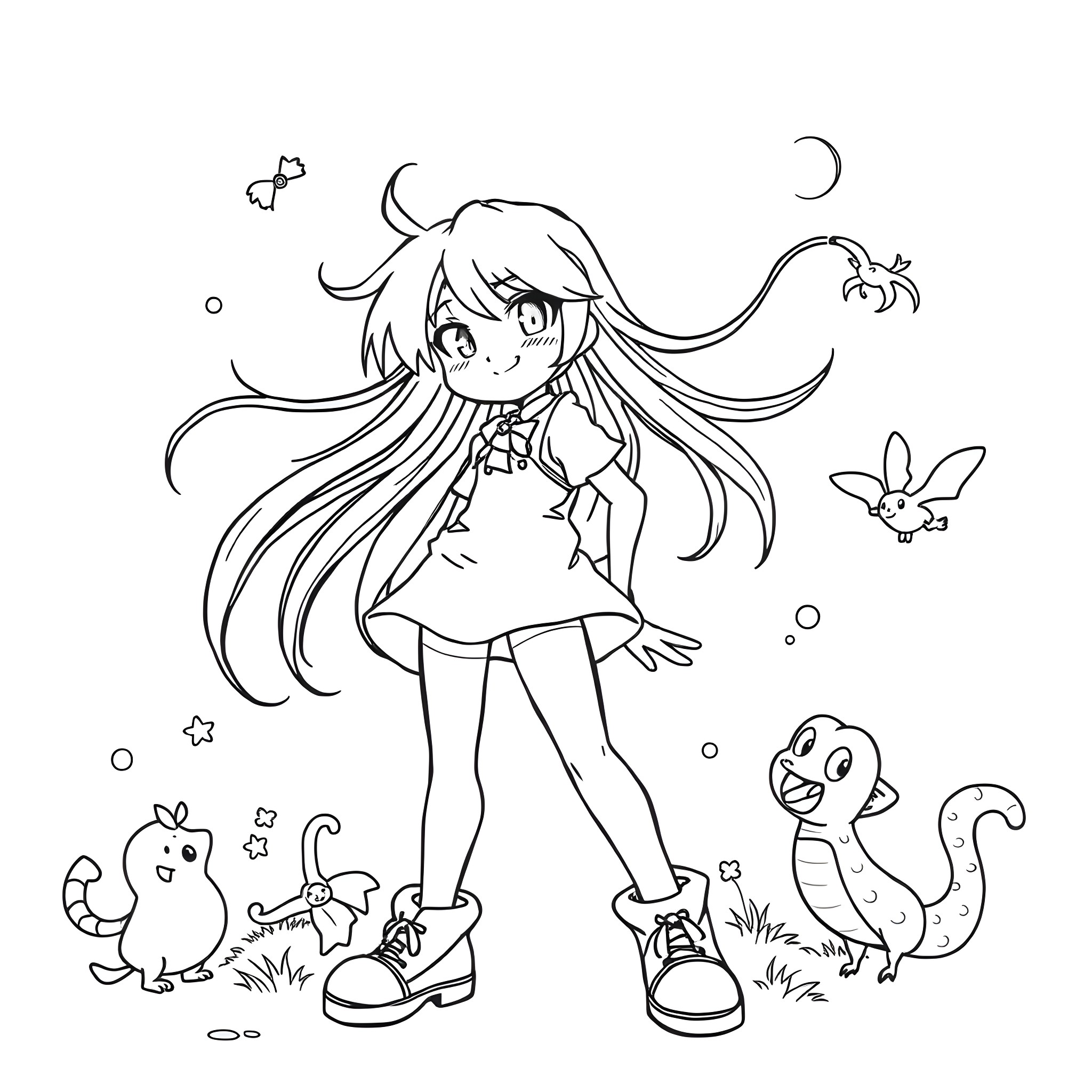 Anime Girl with Whimsical Creatures in Meadow Coloring Page (free black-and-white line drawing printable PDF for all, from beginners to advanced learners, including children, teens, adults, and seniors)