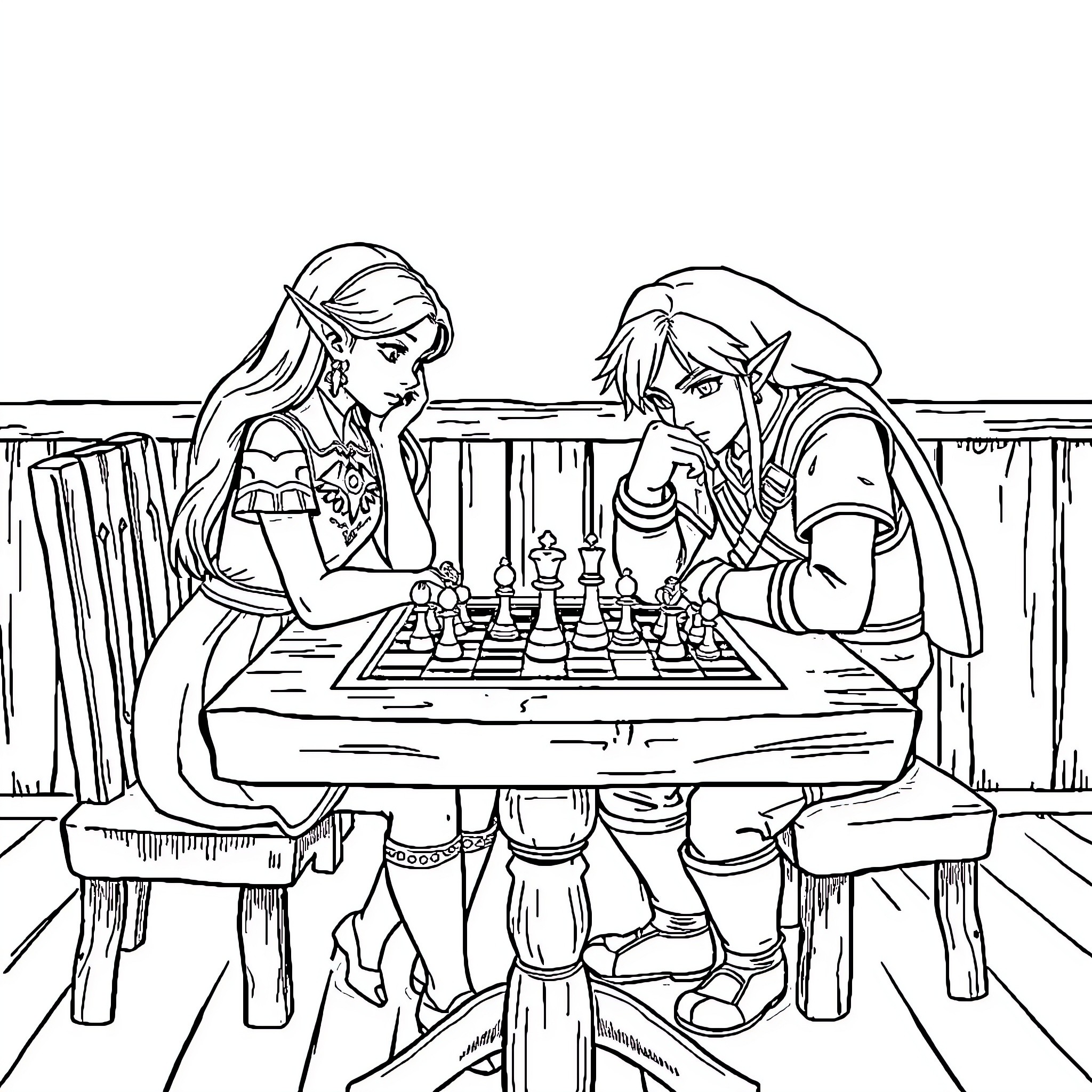 Princess Engages in Chess Match with Companion Coloring Page (free black-and-white line drawing printable PDF for all, from beginners to advanced learners, including children, teens, adults, and seniors)