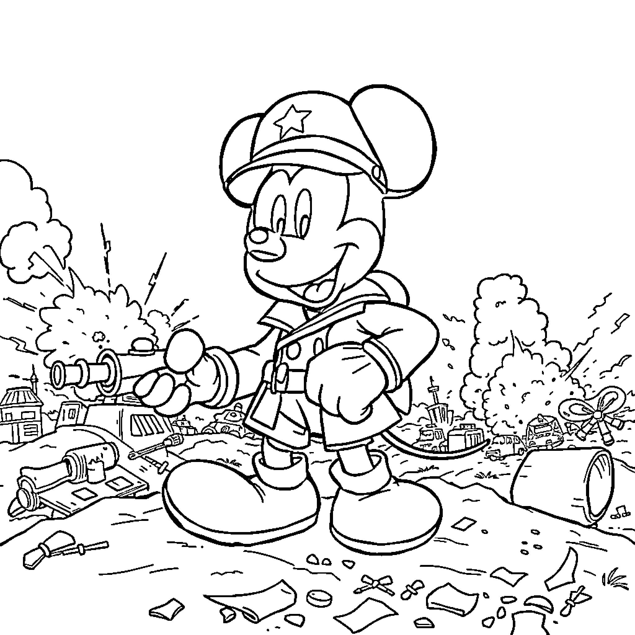 Mickey Mouse as a firefighter battling a blaze Coloring Page (free black-and-white line drawing printable PDF for all, from beginners to advanced learners, including children, teens, adults, and seniors)