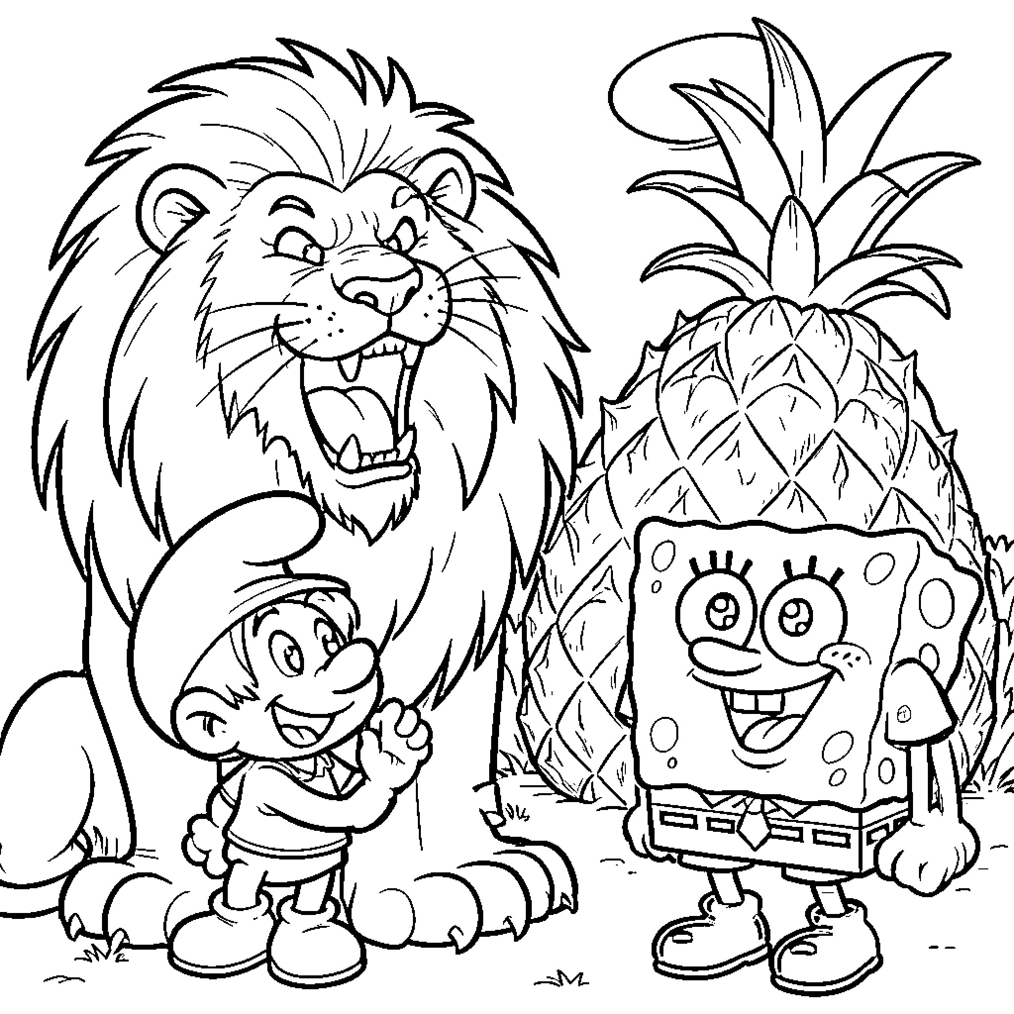 Lion, Spongebob, and Pineapple House in the Jungle Coloring Page (free black-and-white line drawing printable PDF for all, from beginners to advanced learners, including children, teens, adults, and seniors)