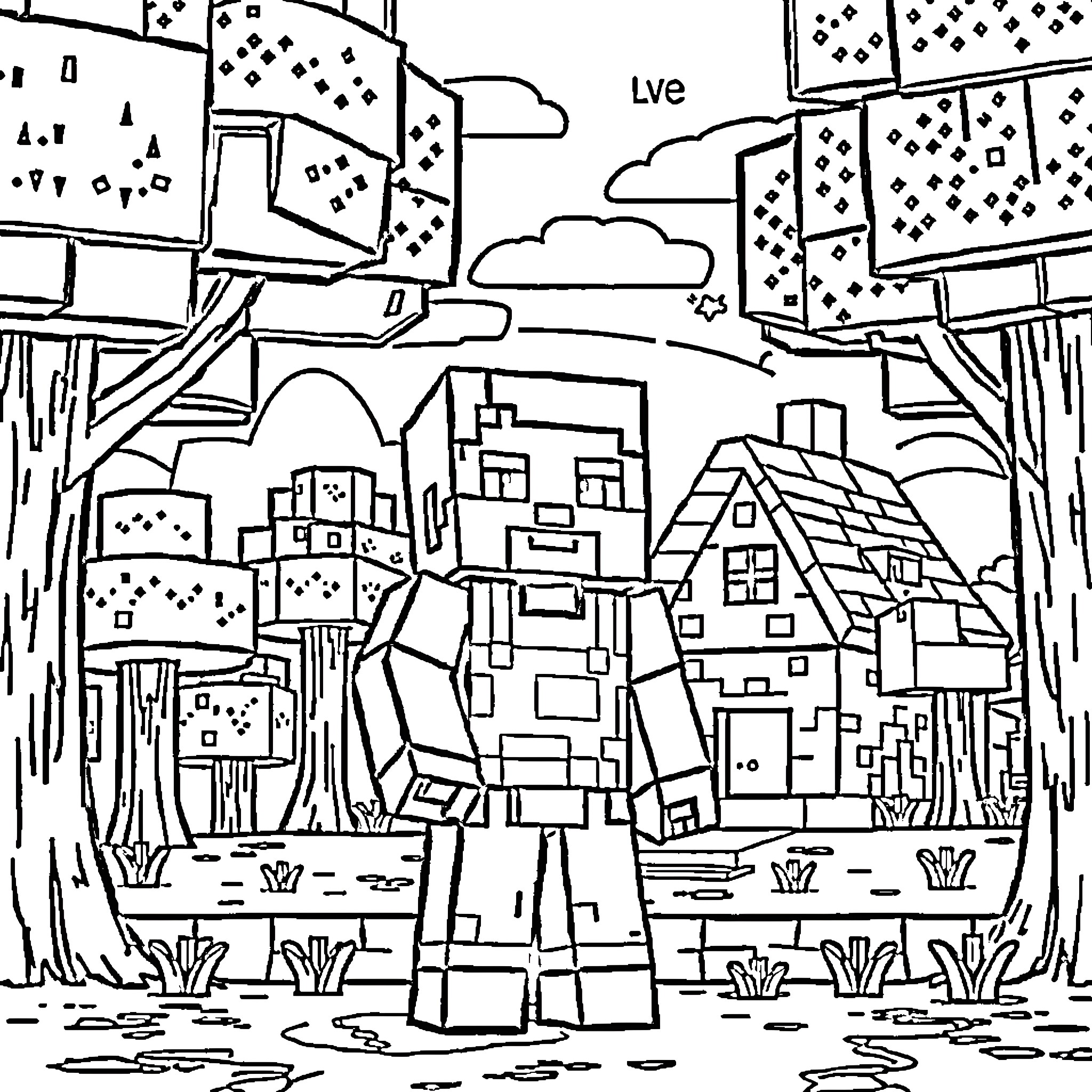 Steve's Minecraft Adventure in the City Coloring Page (free black-and-white line drawing printable PDF for all, from beginners to advanced learners, including children, teens, adults, and seniors)