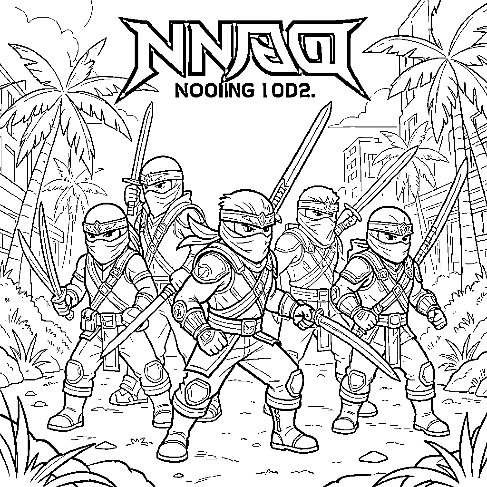 Ninjago warriors posing heroically with swords in a tropical setting Coloring Page (free black-and-white line drawing printable PDF for all, from beginners to advanced learners, including children, teens, adults, and seniors)