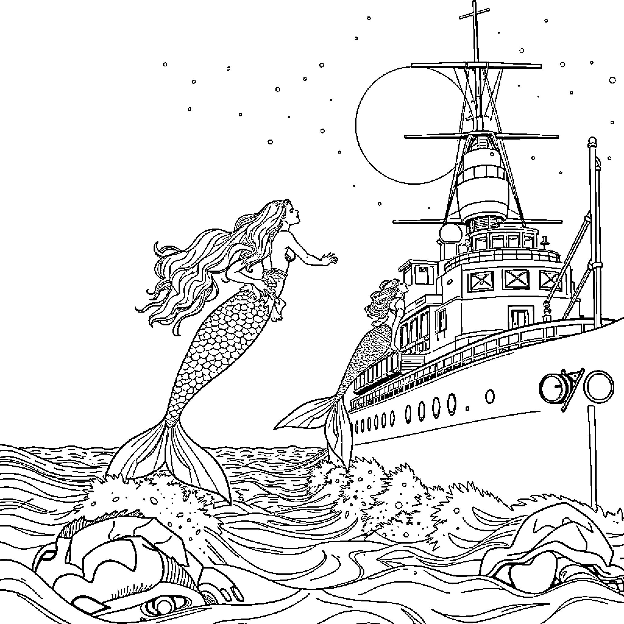 Mermaid swimming near a ship on the ocean Coloring Page (free black-and-white line drawing printable PDF for all, from beginners to advanced learners, including children, teens, adults, and seniors)