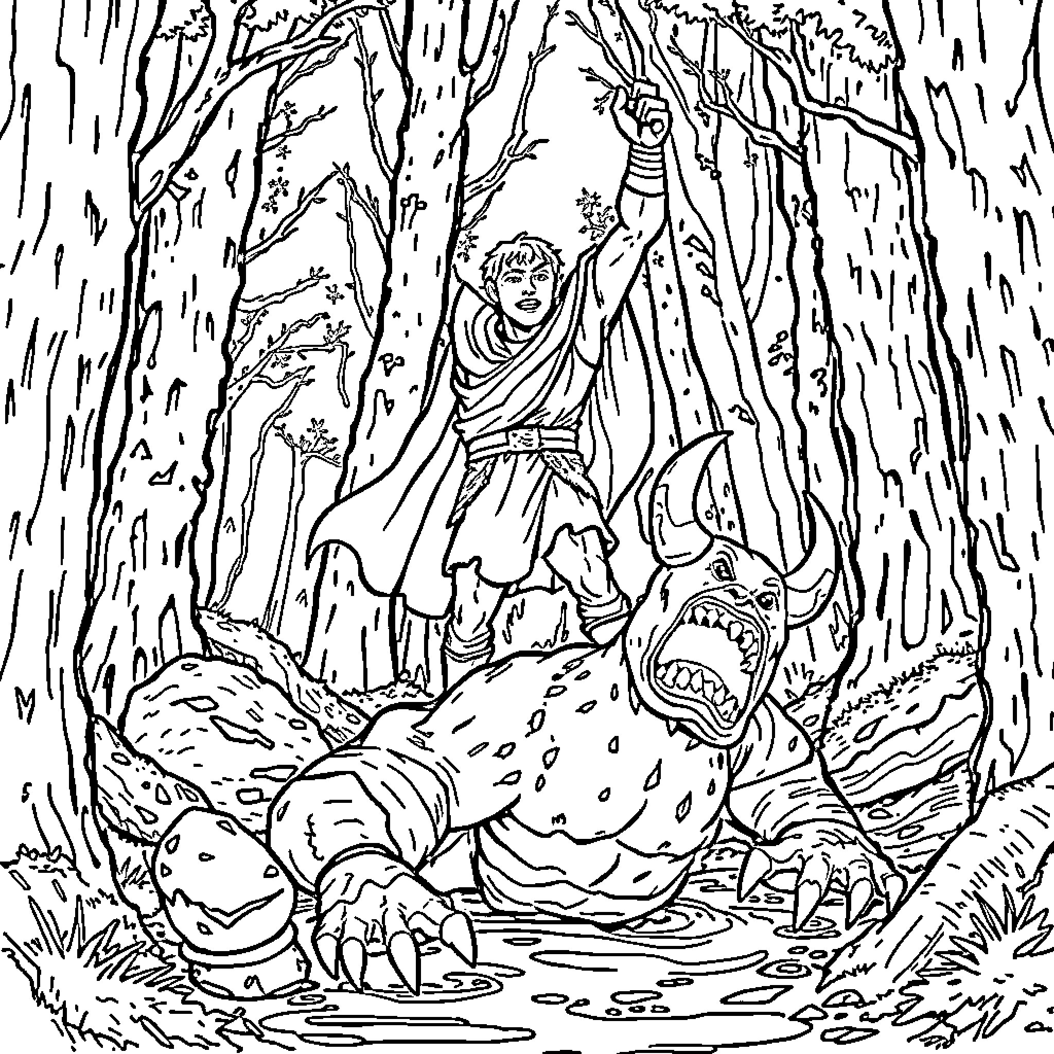 Ogre battling a monstrous creature in the dark forest Coloring Page (free black-and-white line drawing printable PDF for all, from beginners to advanced learners, including children, teens, adults, and seniors)