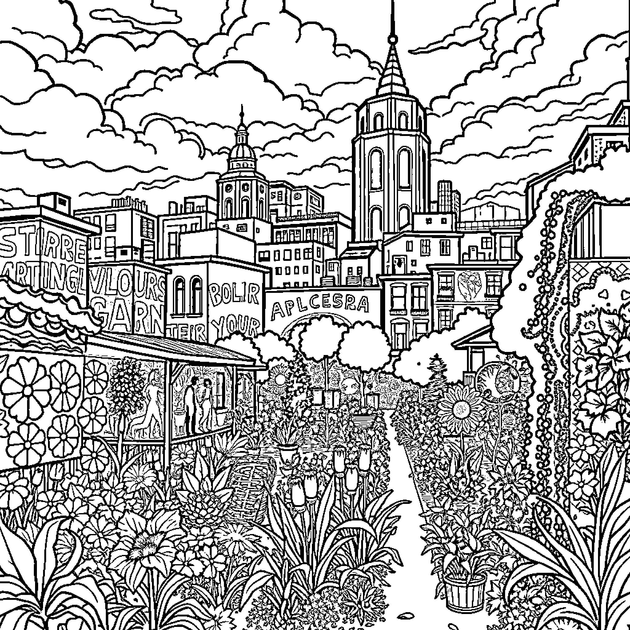 City filled with bustling activity and intricate architecture Coloring Page (free black-and-white line drawing printable PDF for all, from beginners to advanced learners, including children, teens, adults, and seniors)