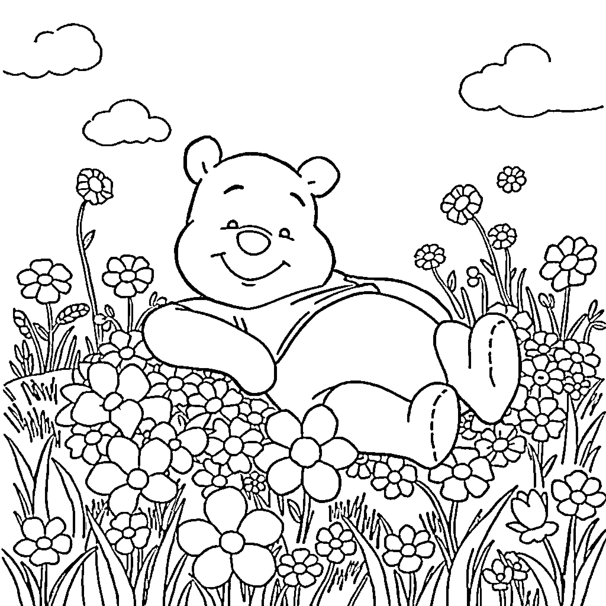 Winnie The Pooh resting in a floral meadow Coloring Page (free black-and-white line drawing printable PDF for all, from beginners to advanced learners, including children, teens, adults, and seniors)