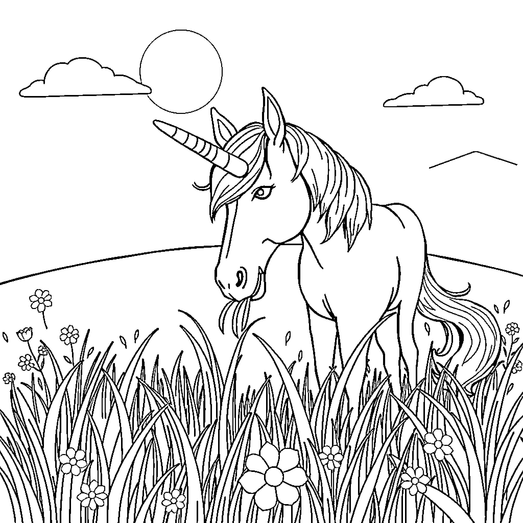 Unicorn standing in a field of flowers Coloring Page (free black-and-white line drawing printable PDF for all, from beginners to advanced learners, including children, teens, adults, and seniors)