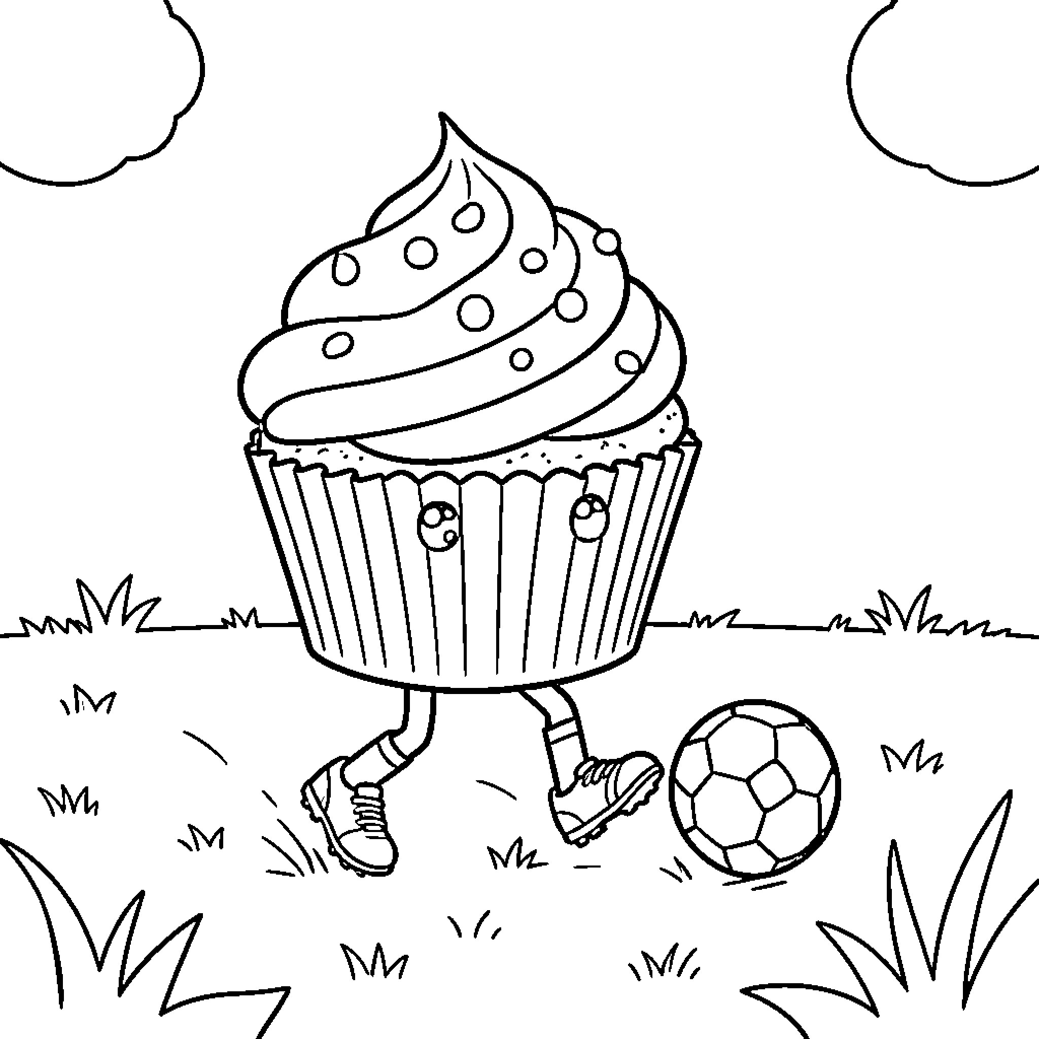 Cupcake playing soccer in a grassy field Coloring Page (free black-and-white line drawing printable PDF for all, from beginners to advanced learners, including children, teens, adults, and seniors)