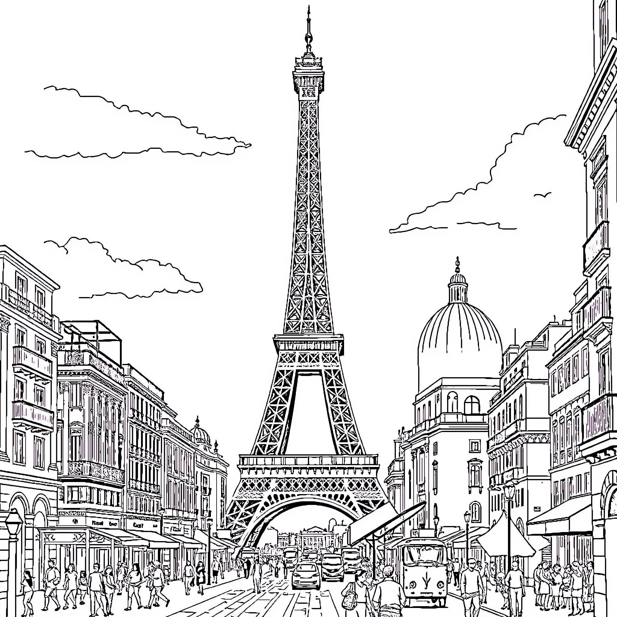 Eiffel Tower and lively Parisian street scene Coloring Page (free black-and-white line drawing printable PDF for all, from beginners to advanced learners, including children, teens, adults, and seniors)