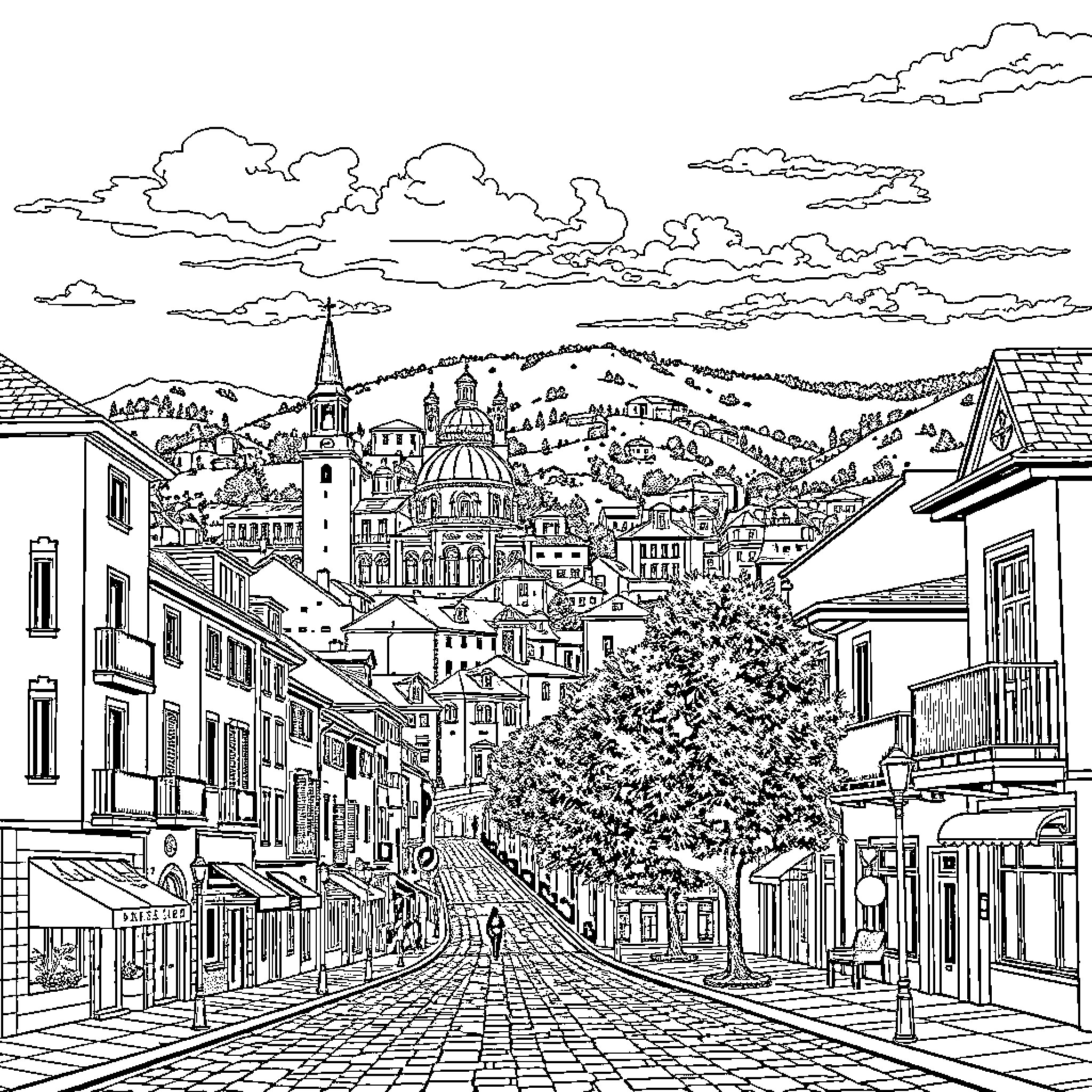 Užice: Picturesque town with historic architecture and bustling streets Coloring Page (free black-and-white line drawing printable PDF for all, from beginners to advanced learners, including children, teens, adults, and seniors)