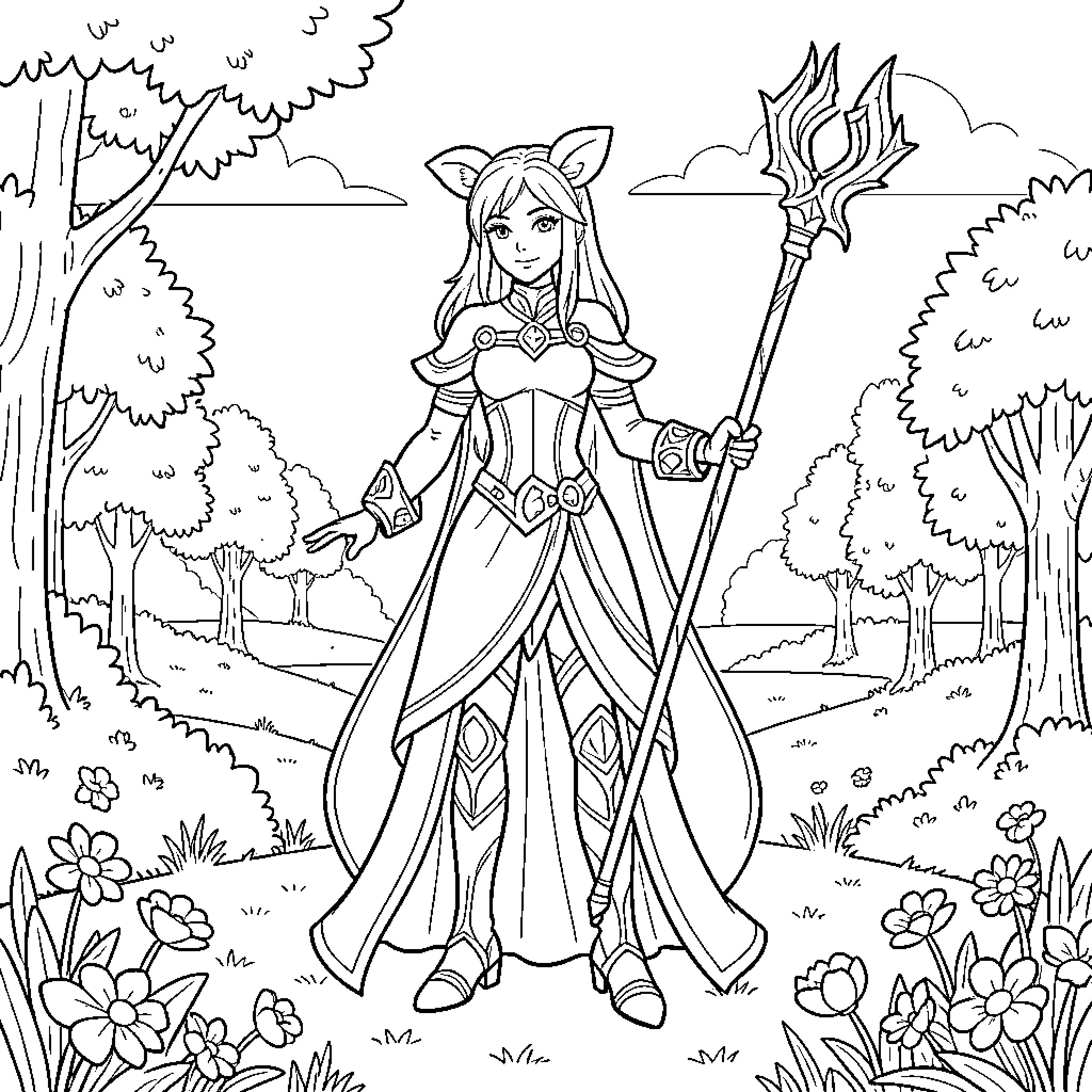 Palutena standing gracefully with a staff in a forest Coloring Page (free black-and-white line drawing printable PDF for all, from beginners to advanced learners, including children, teens, adults, and seniors)