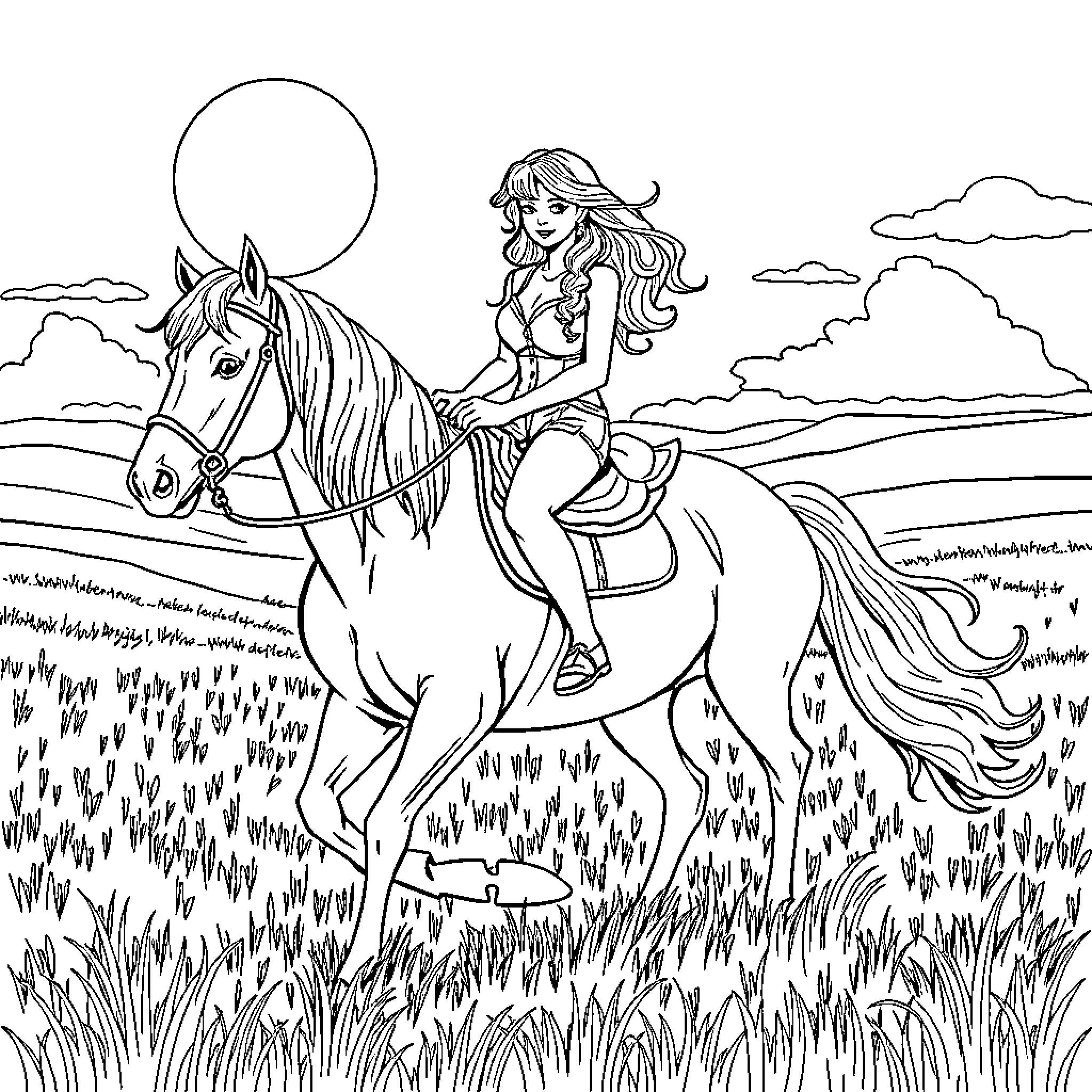 Selena Gomez Horseback Riding on the Countryside Coloring Page (free black-and-white line drawing printable PDF for all, from beginners to advanced learners, including children, teens, adults, and seniors)
