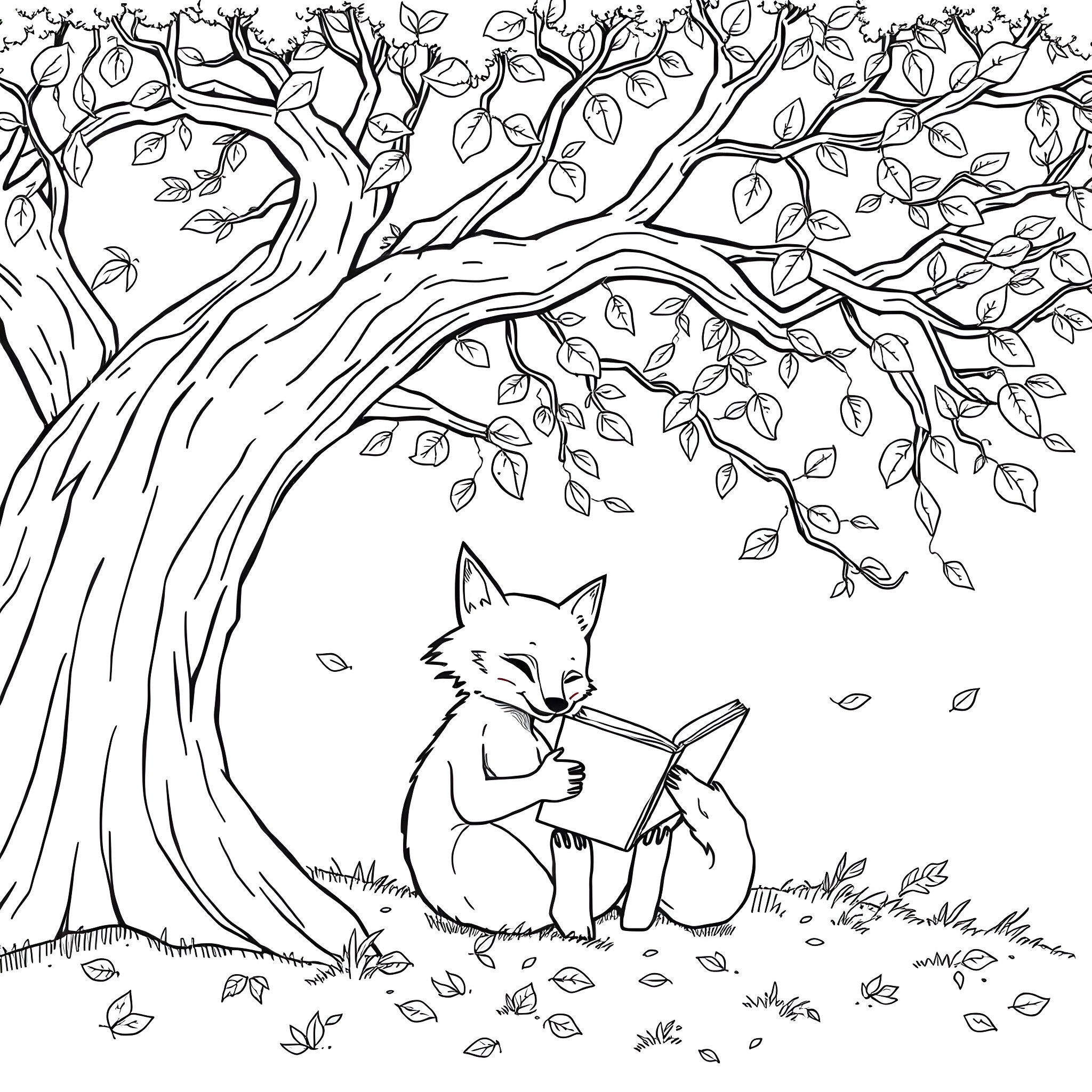 Fox enjoying a book under the trees Coloring Page (free black-and-white line drawing printable PDF for all, from beginners to advanced learners, including children, teens, adults, and seniors)