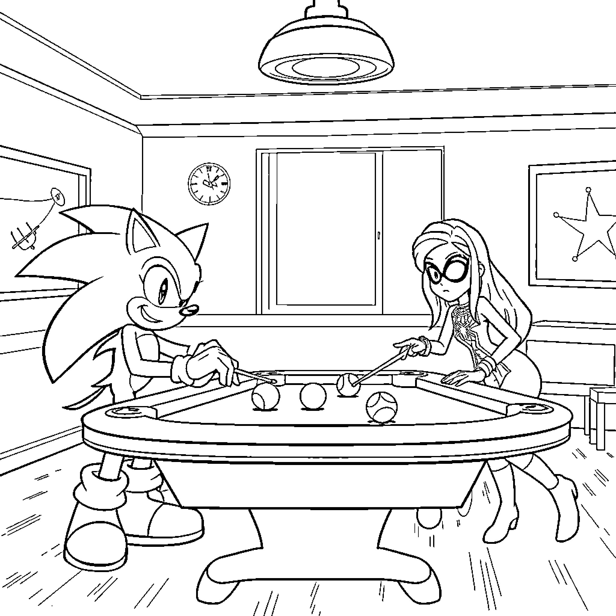 Sonic playing game with human in cozy room Coloring Page (free black-and-white line drawing printable PDF for all, from beginners to advanced learners, including children, teens, adults, and seniors)
