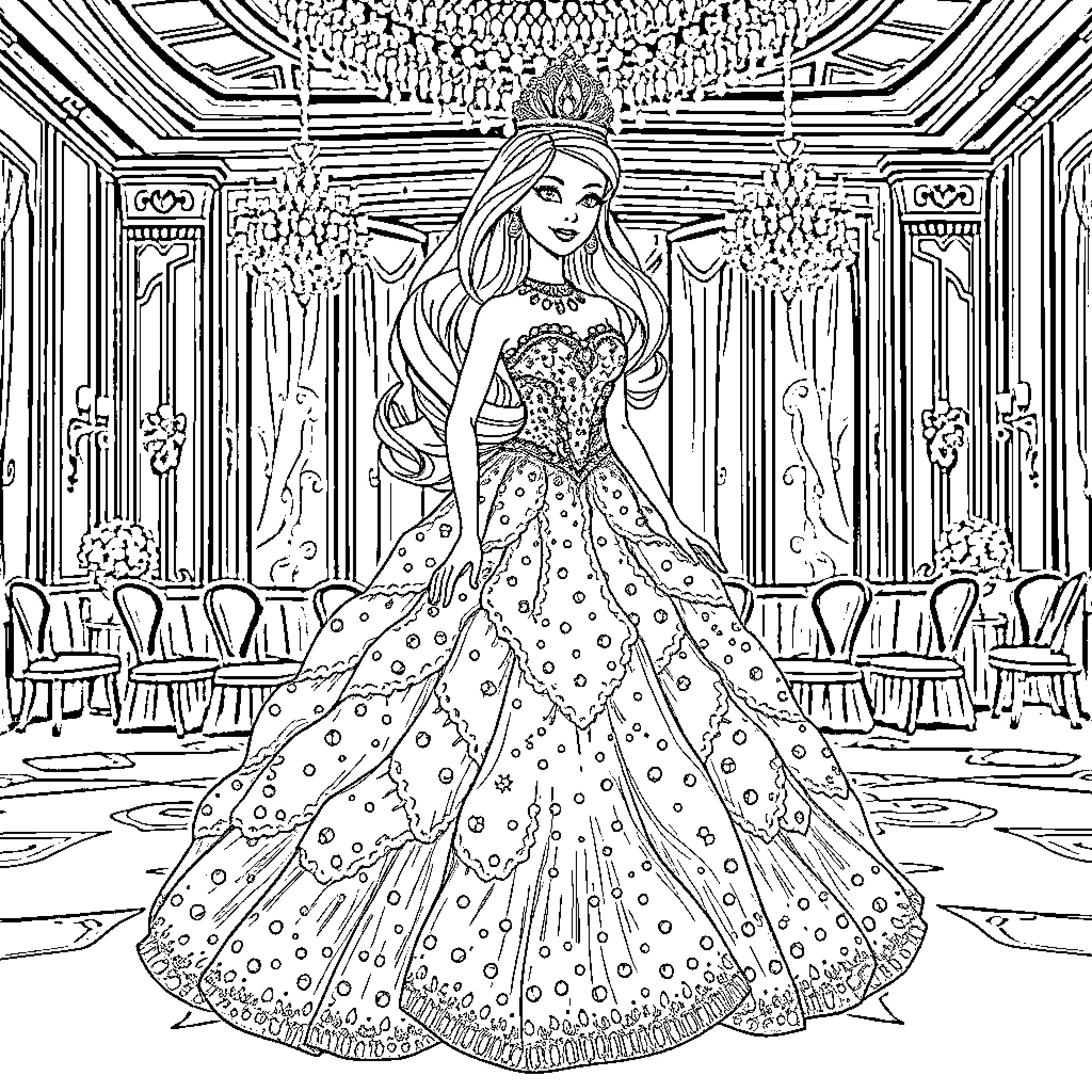 Barbie in Elegant Ballroom Gown Coloring Page (free black-and-white line drawing printable PDF for all, from beginners to advanced learners, including children, teens, adults, and seniors)