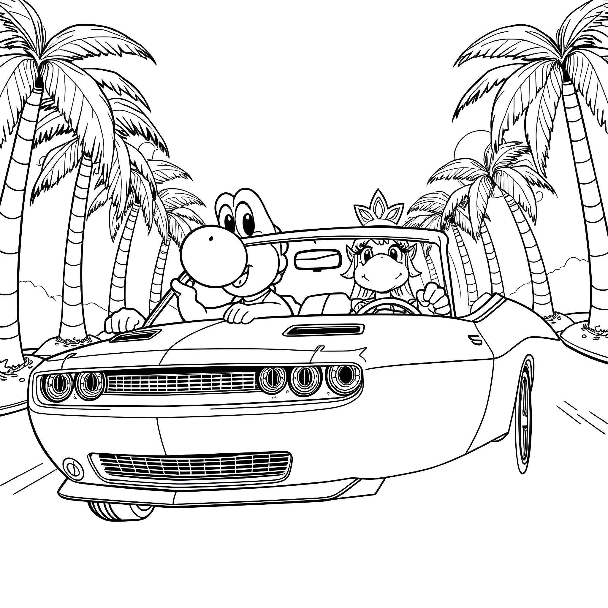 Yoshi's road trip adventure with friends Coloring Page (free black-and-white line drawing printable PDF for all, from beginners to advanced learners, including children, teens, adults, and seniors)