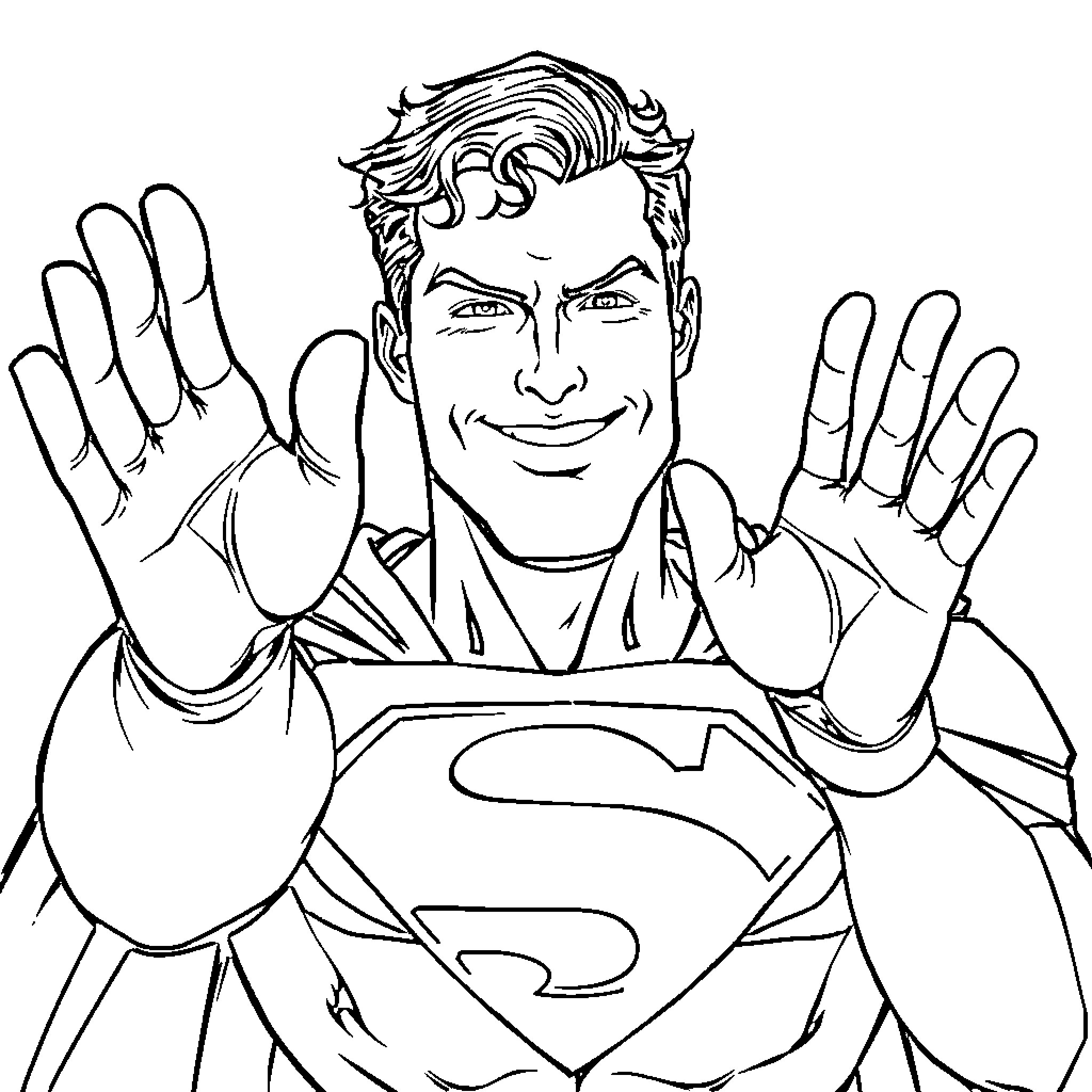Superman in heroic pose with outstretched hands Coloring Page (free black-and-white line drawing printable PDF for all, from beginners to advanced learners, including children, teens, adults, and seniors)