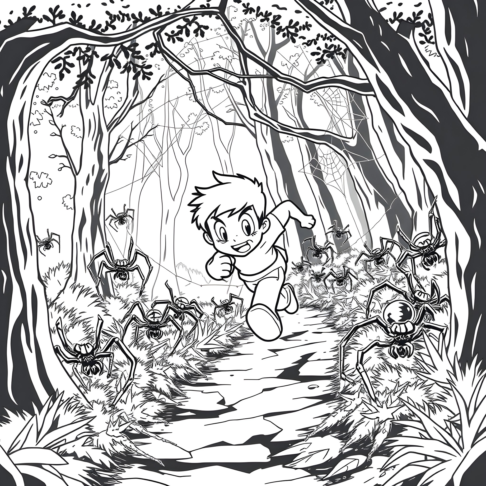 Danny's Adventure in the Spooky Forest Coloring Page (free black-and-white line drawing printable PDF for all, from beginners to advanced learners, including children, teens, adults, and seniors)