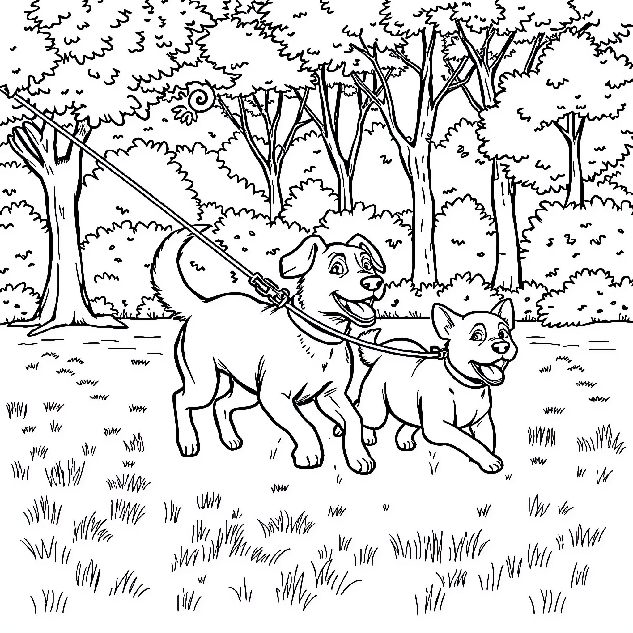 Dog and puppy playing in forest Coloring Page (free black-and-white line drawing printable PDF for all, from beginners to advanced learners, including children, teens, adults, and seniors)