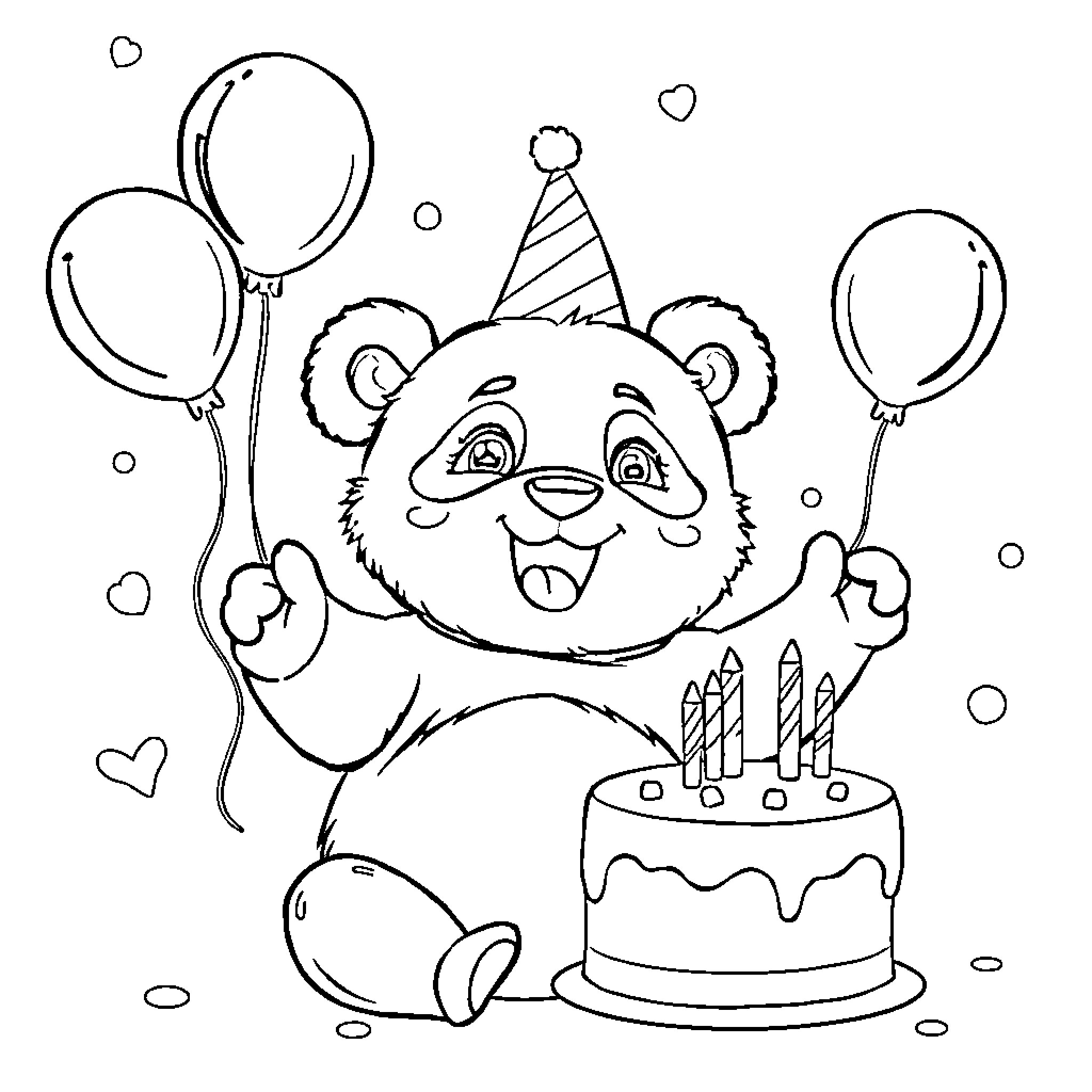 Panda celebrating birthday with cake and balloons Coloring Page (free black-and-white line drawing printable PDF for all, from beginners to advanced learners, including children, teens, adults, and seniors)