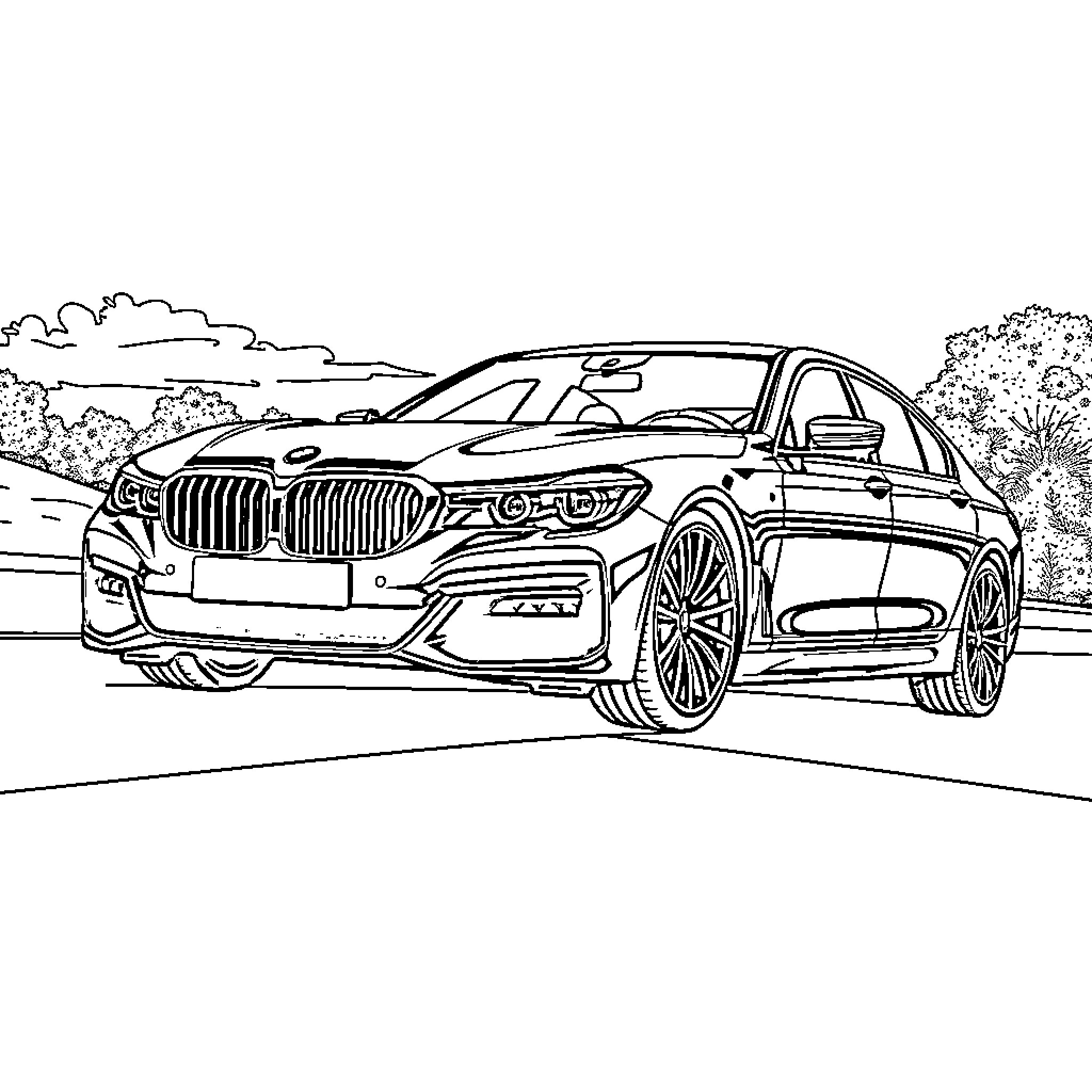 BMW luxury sedan on a scenic road Coloring Page (free black-and-white line drawing printable PDF for all, from beginners to advanced learners, including children, teens, adults, and seniors)