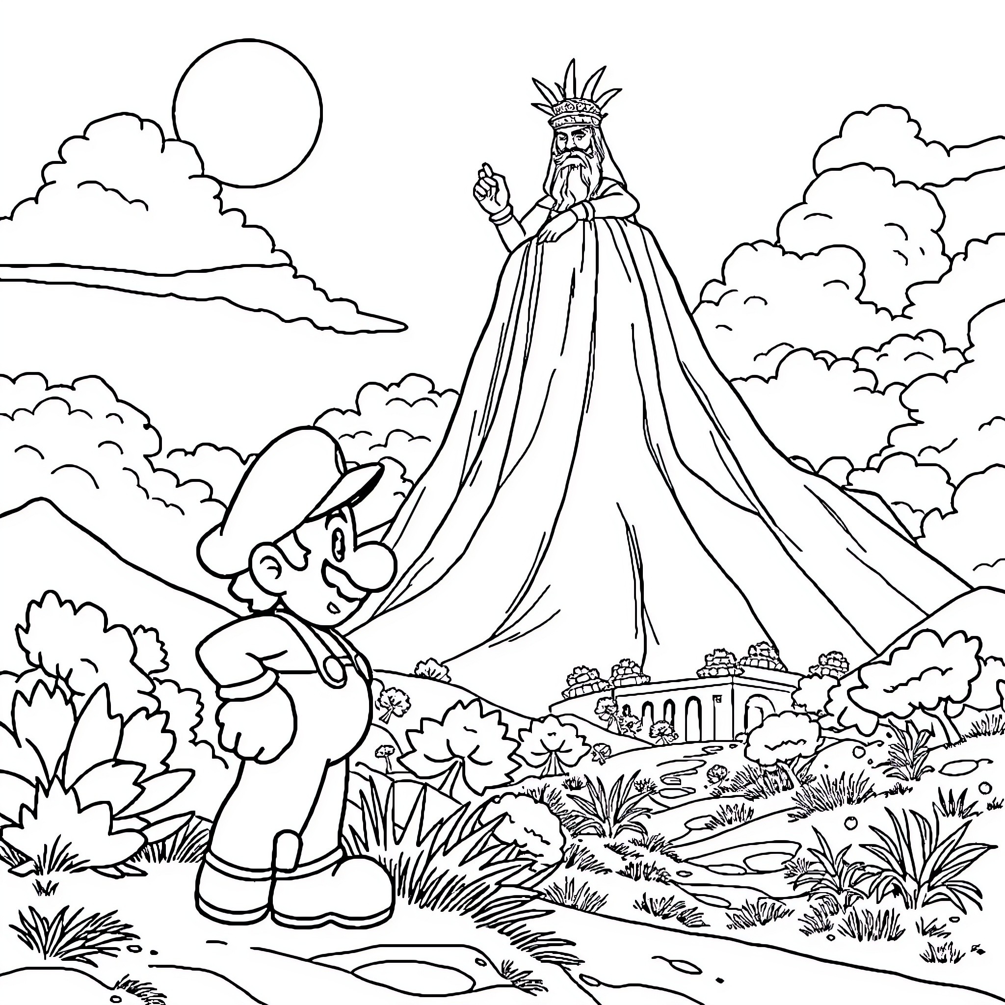 Super Mario Exploring the Enchanted Kingdom Coloring Page (free black-and-white line drawing printable PDF for all, from beginners to advanced learners, including children, teens, adults, and seniors)