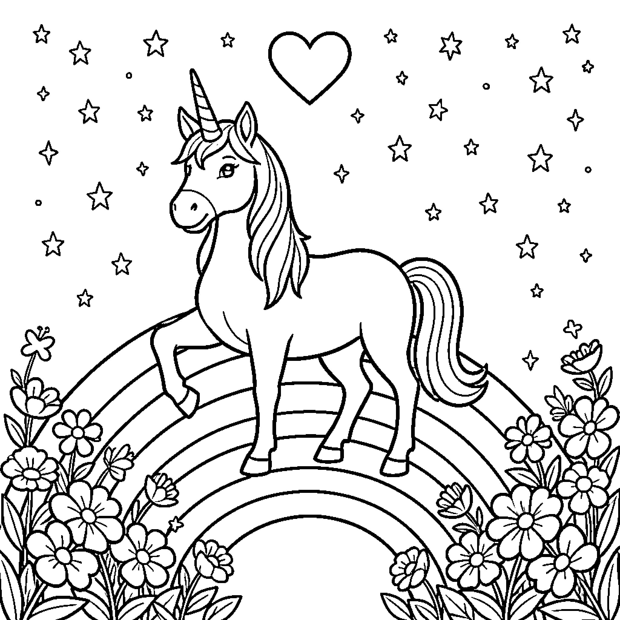 Licorne standing majestically on a rainbow amidst stars Coloring Page (free black-and-white line drawing printable PDF for all, from beginners to advanced learners, including children, teens, adults, and seniors)
