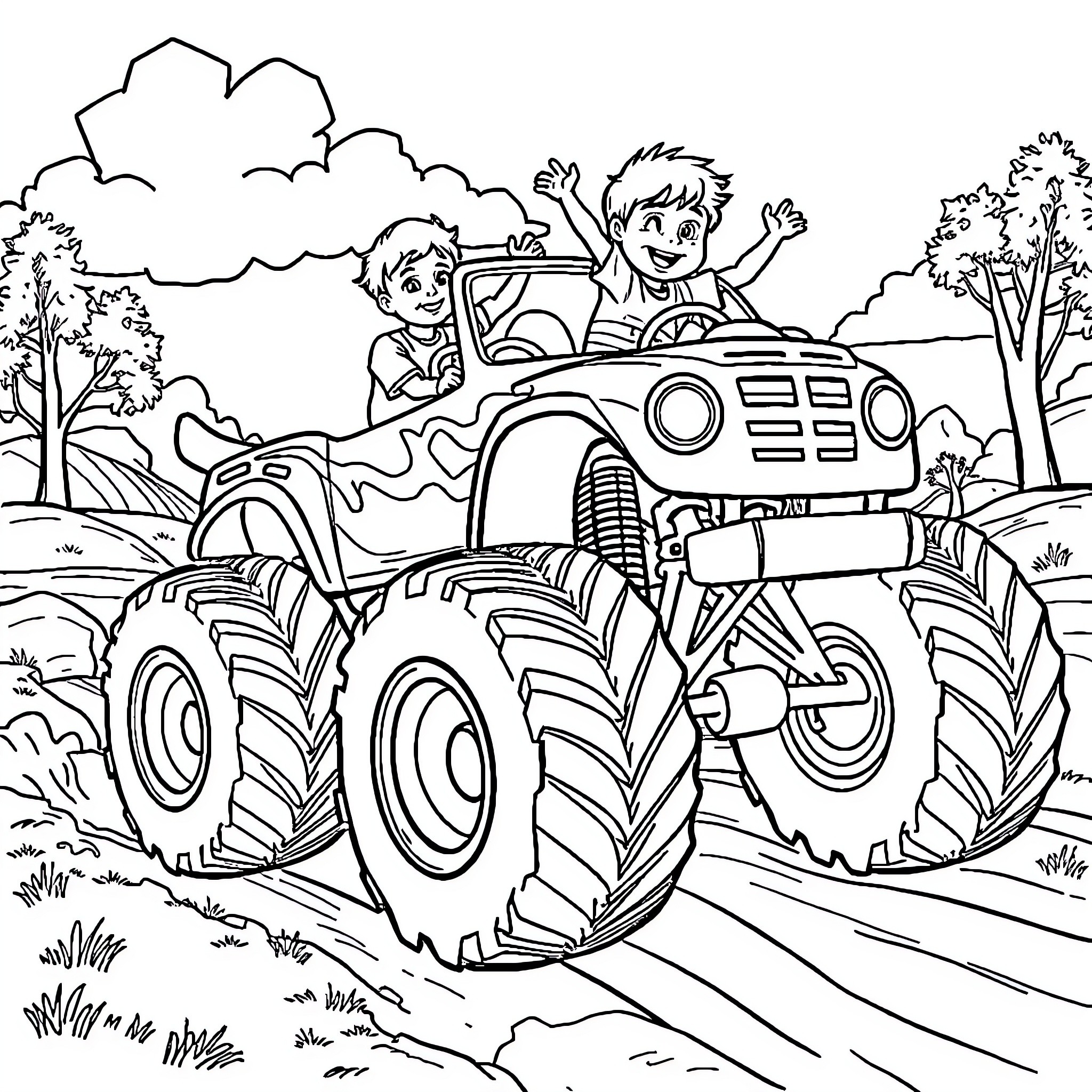 Monster Truck Driven by Happy Children in Nature Coloring Page (free black-and-white line drawing printable PDF for all, from beginners to advanced learners, including children, teens, adults, and seniors)