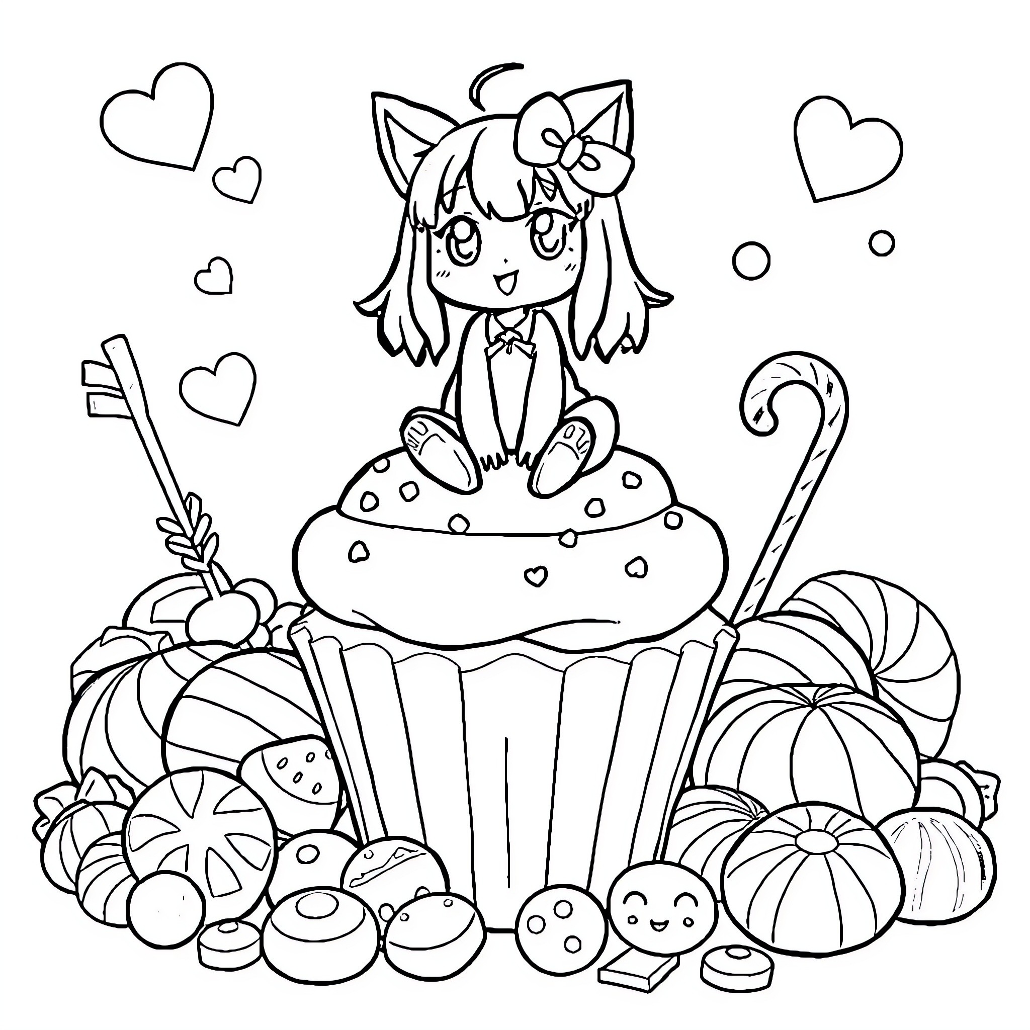 Kuromi sitting on a sweet cupcake surrounded by candies Coloring Page (free black-and-white line drawing printable PDF for all, from beginners to advanced learners, including children, teens, adults, and seniors)