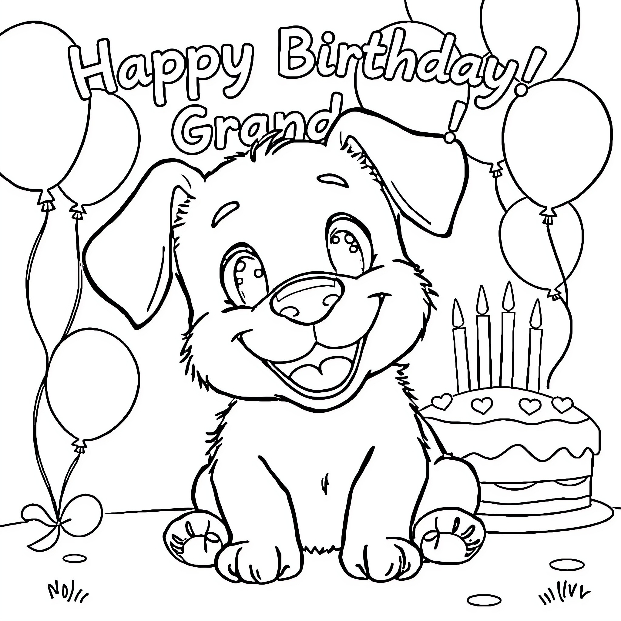 Bluey's Happy Birthday Celebration Coloring Page (free black-and-white line drawing printable PDF for all, from beginners to advanced learners, including children, teens, adults, and seniors)