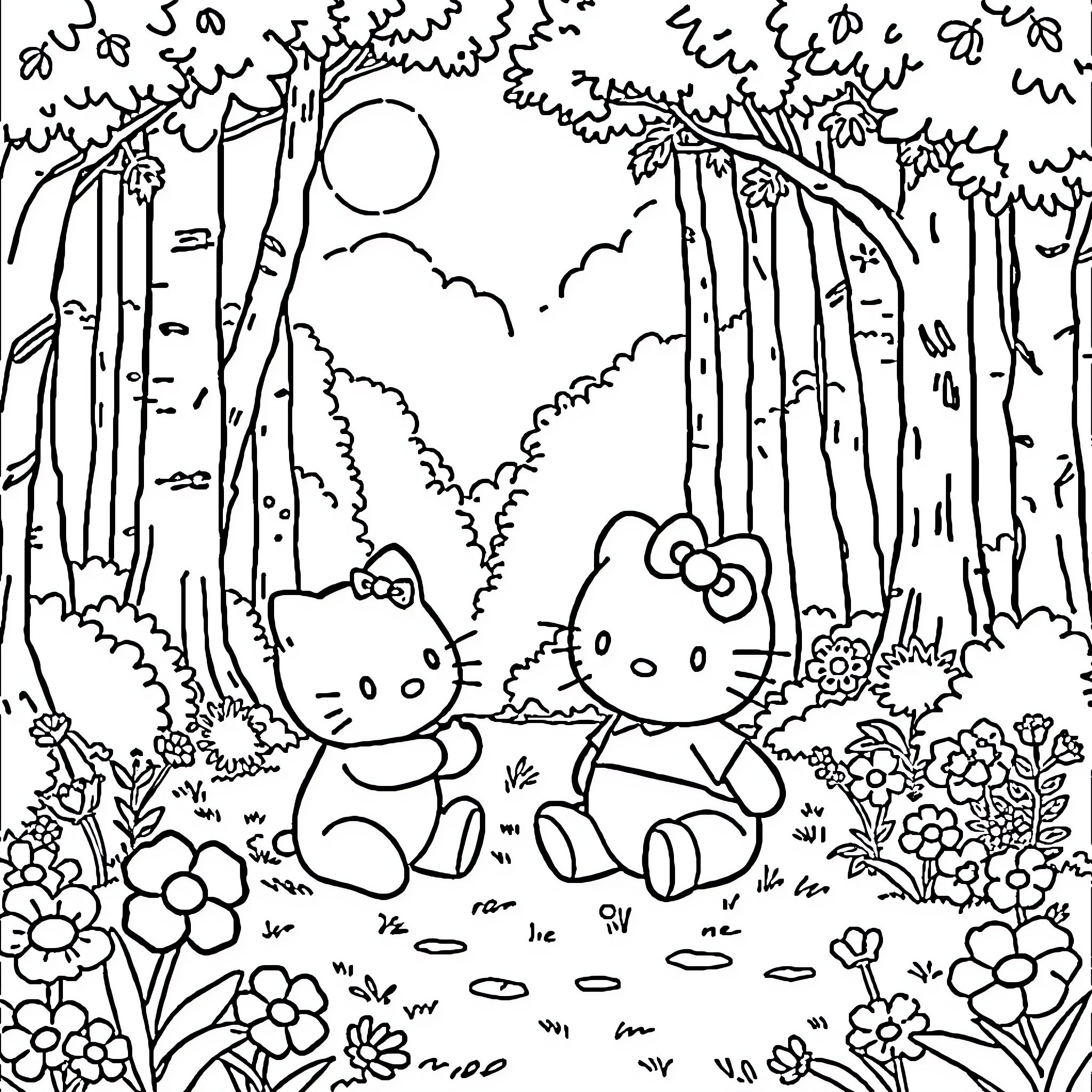 Hello Kitty exploring the enchanted forest Coloring Page (free black-and-white line drawing printable PDF for all, from beginners to advanced learners, including children, teens, adults, and seniors)